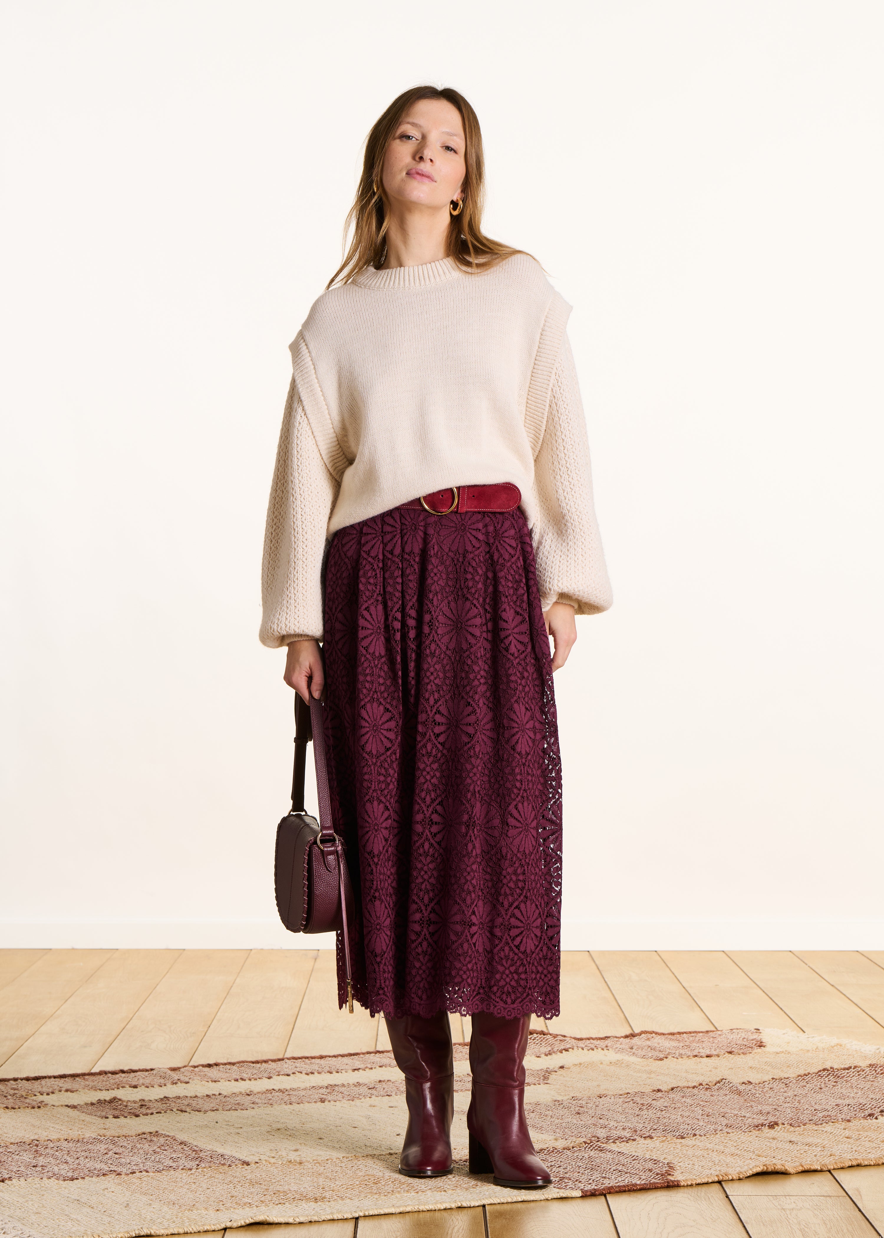 Long burgundy lace skirt