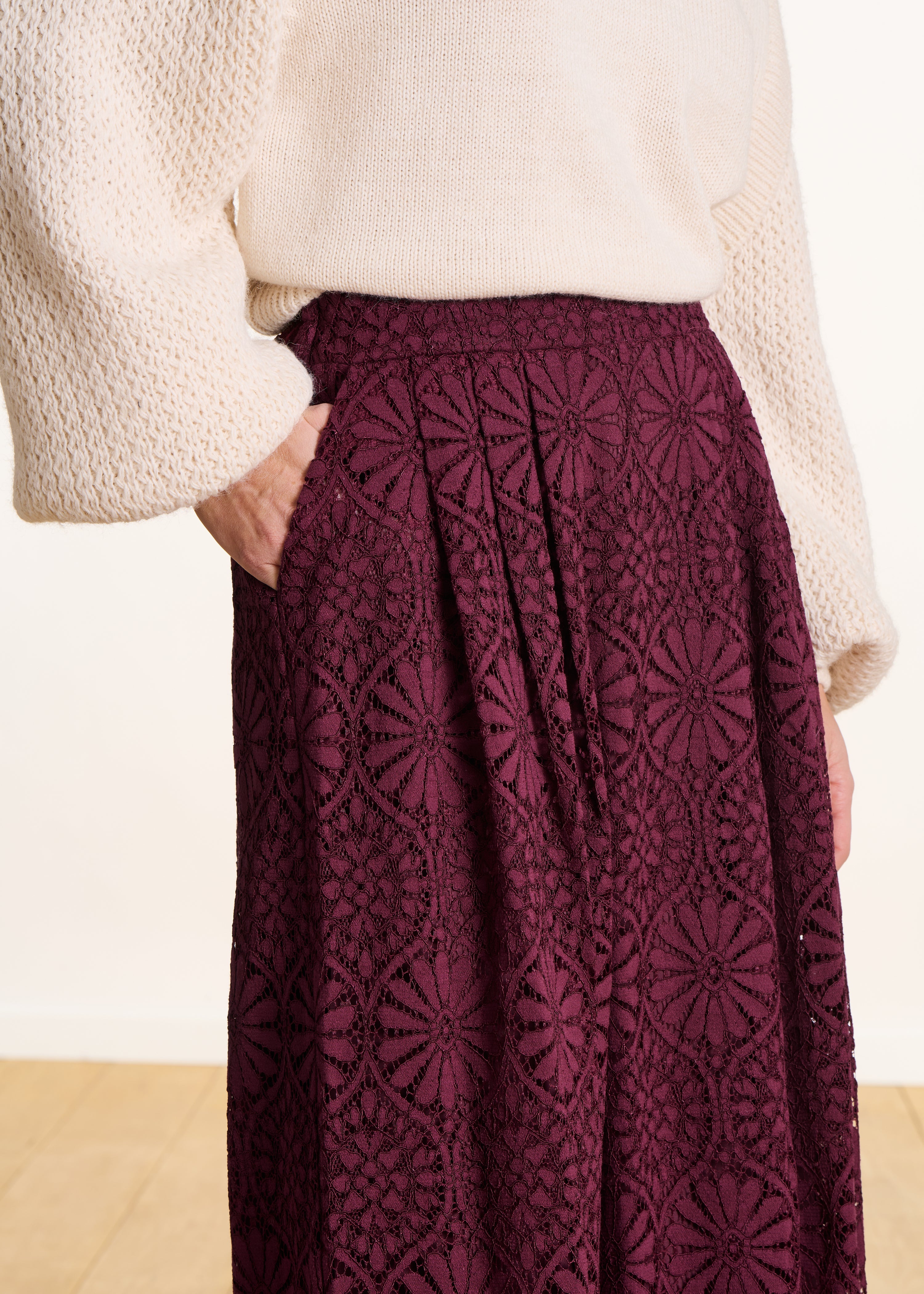 Long burgundy lace skirt