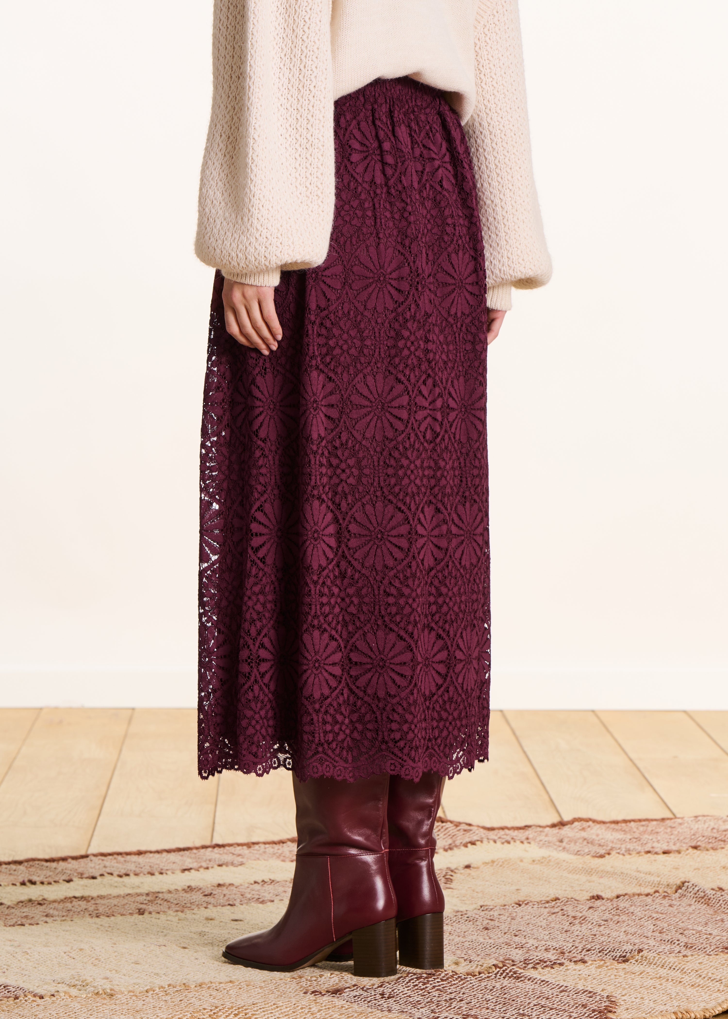 Long burgundy lace skirt