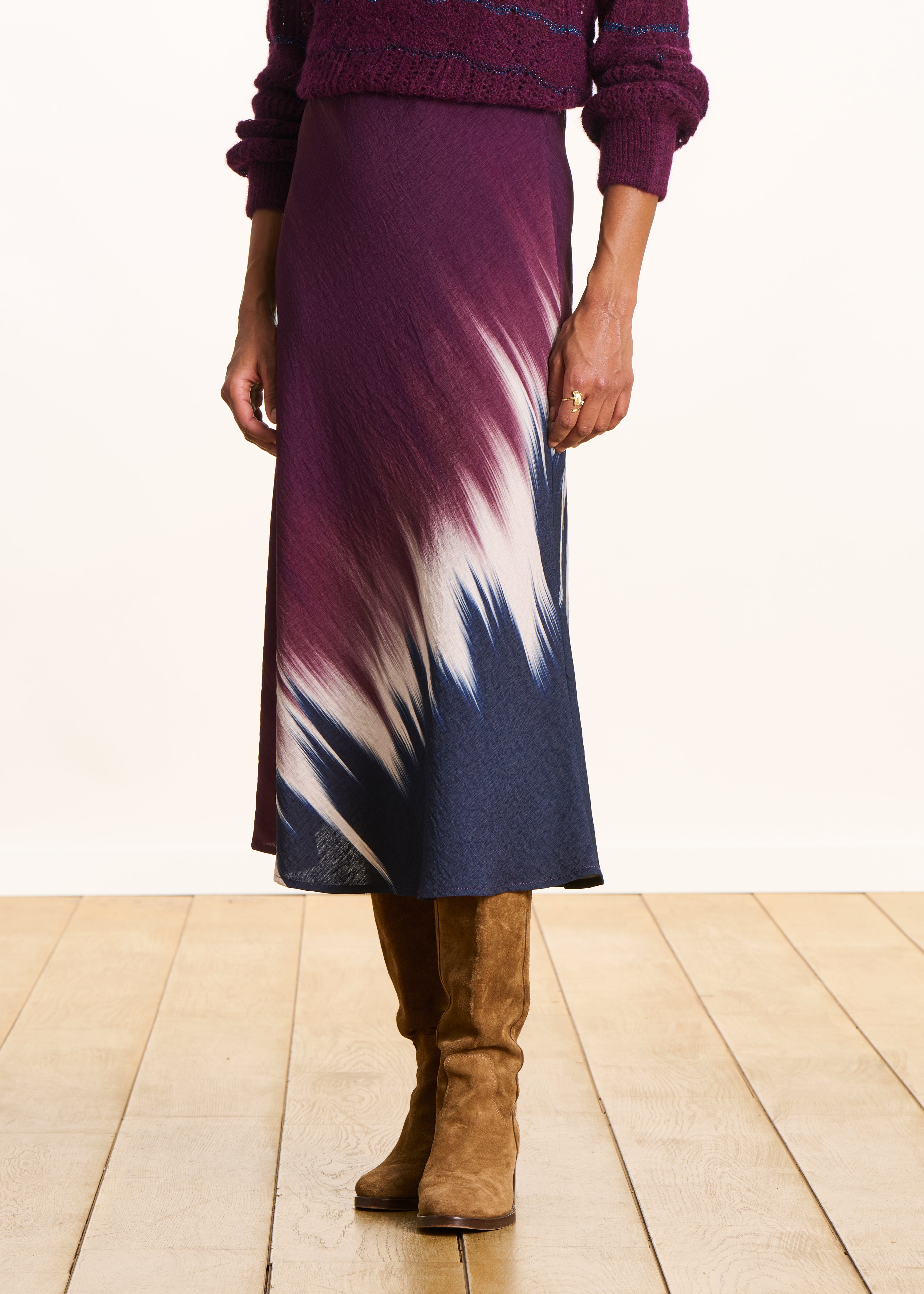 Jupe longue bleu et prune à imprimé tie & dye