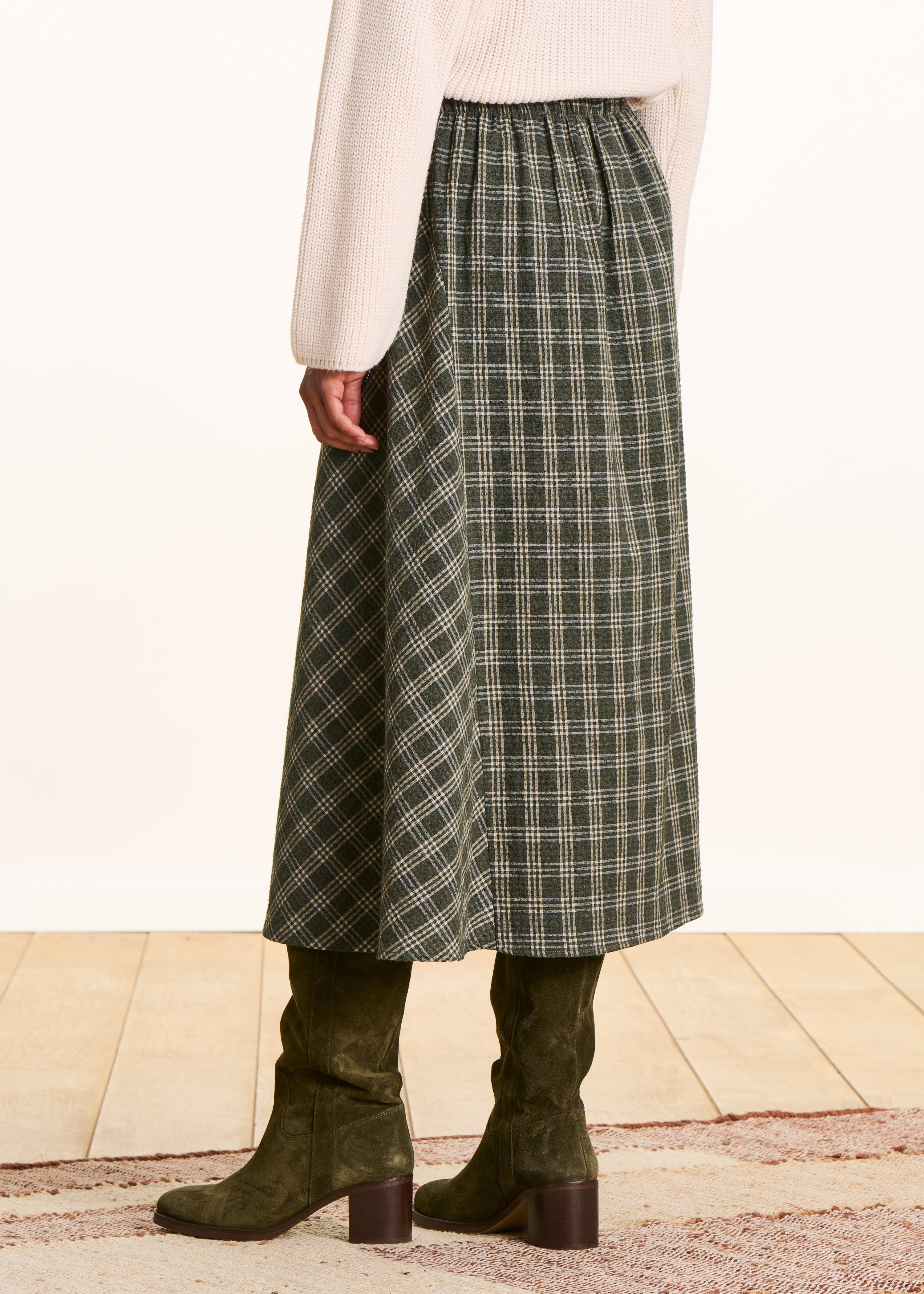 Jupe mi-longue à carreaux kaki