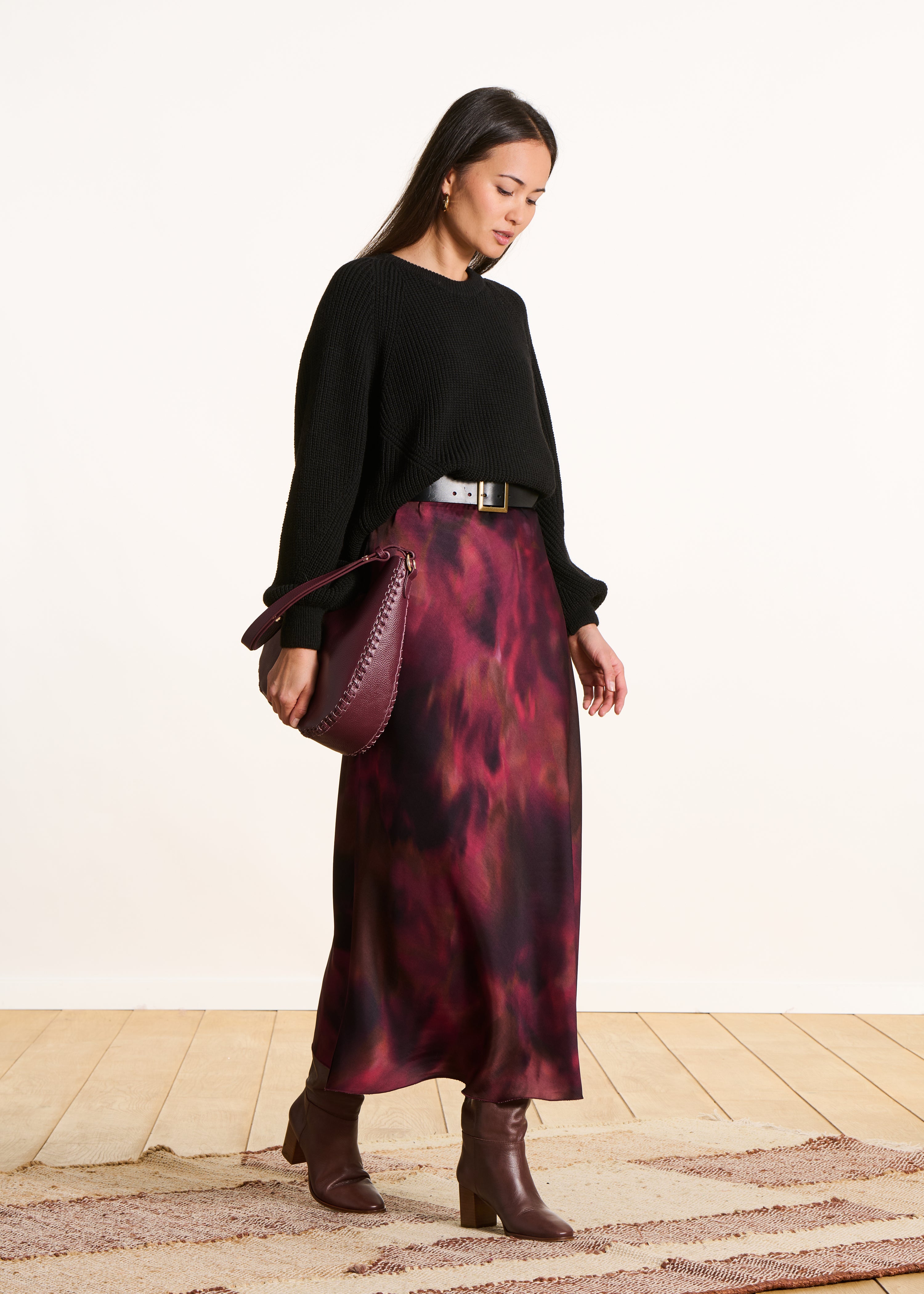 Jupe longue fluide rouge à imprimé