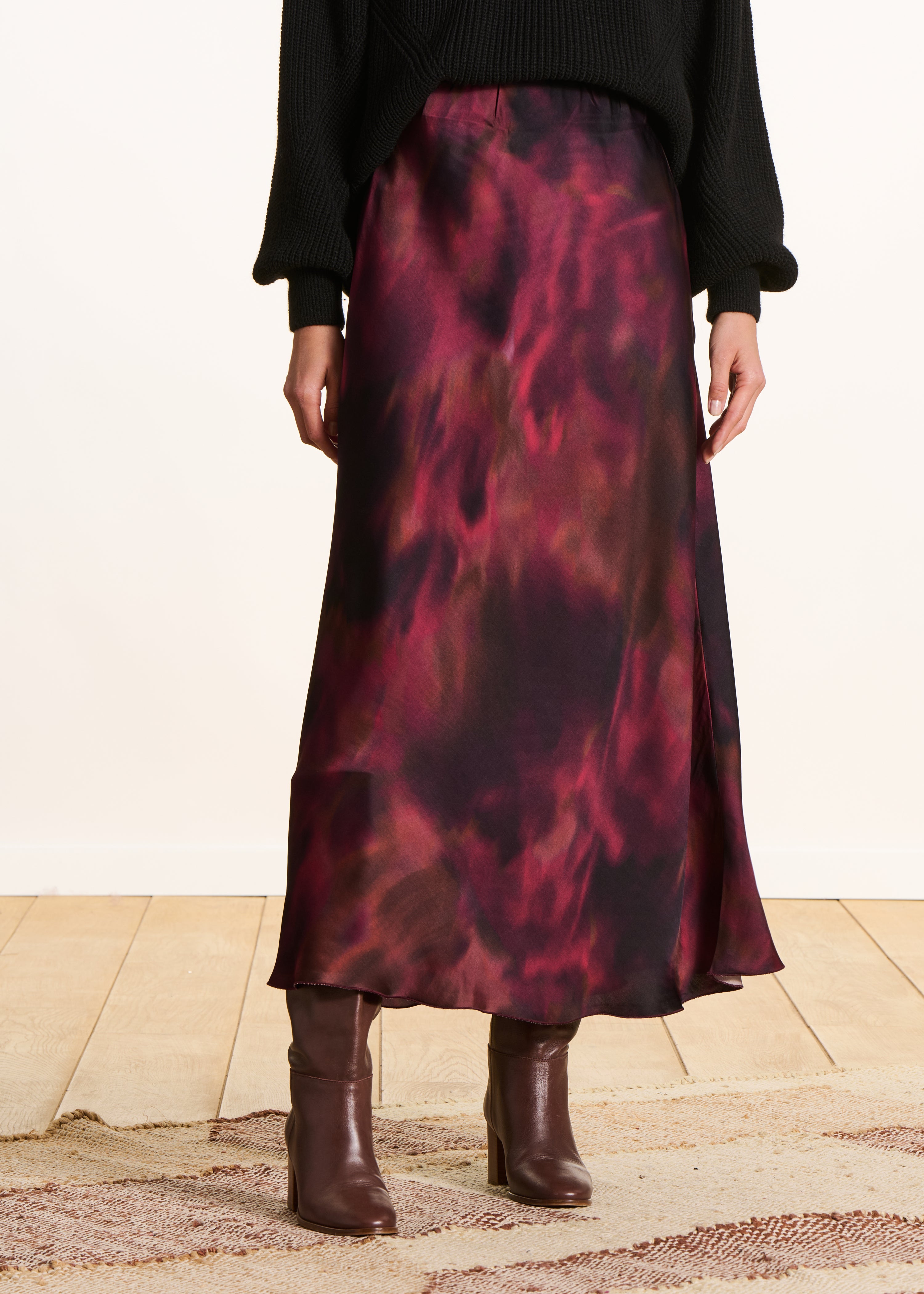 Jupe longue fluide rouge à imprimé