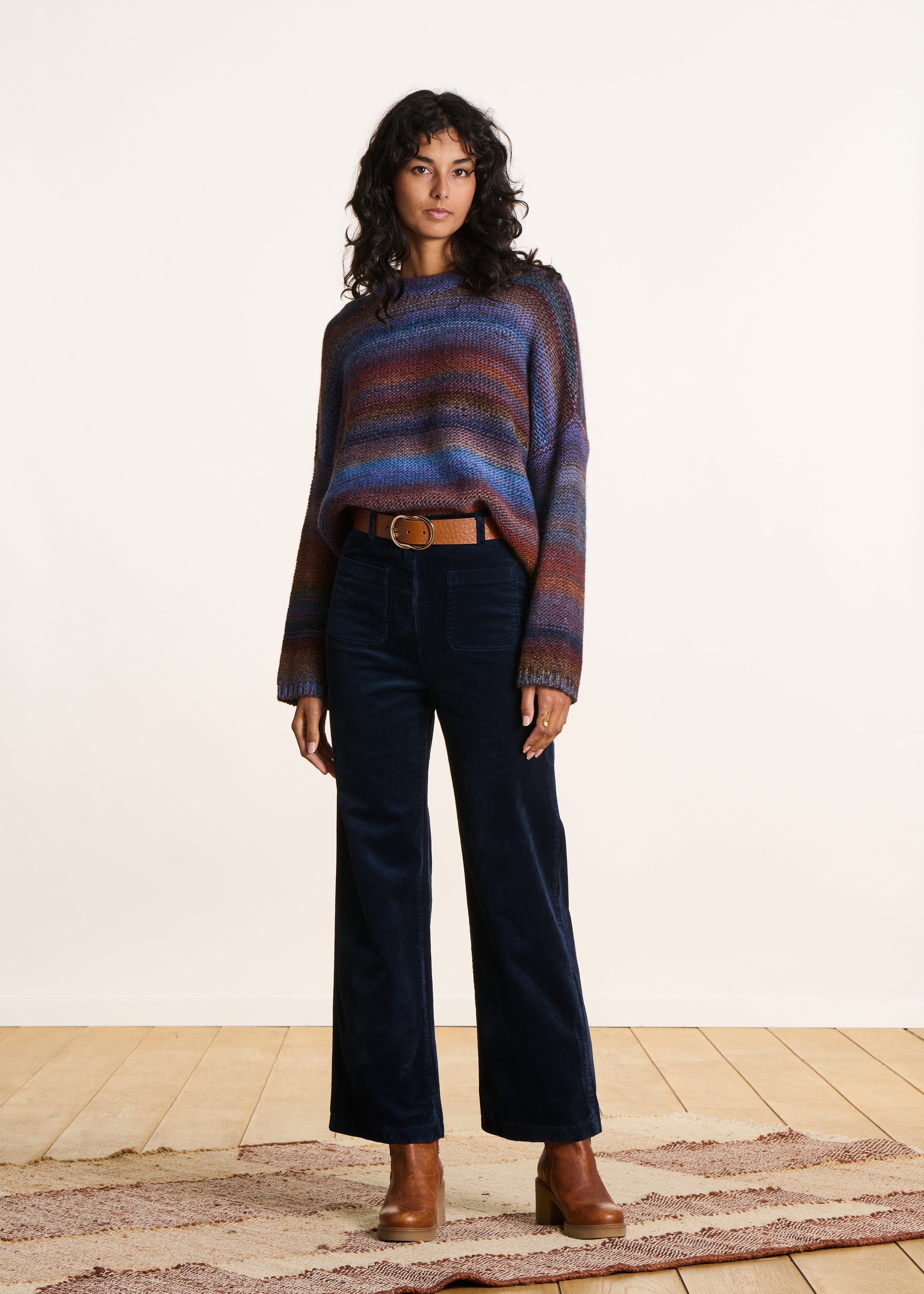 Pantalon large en velours bleu foncé taille haute