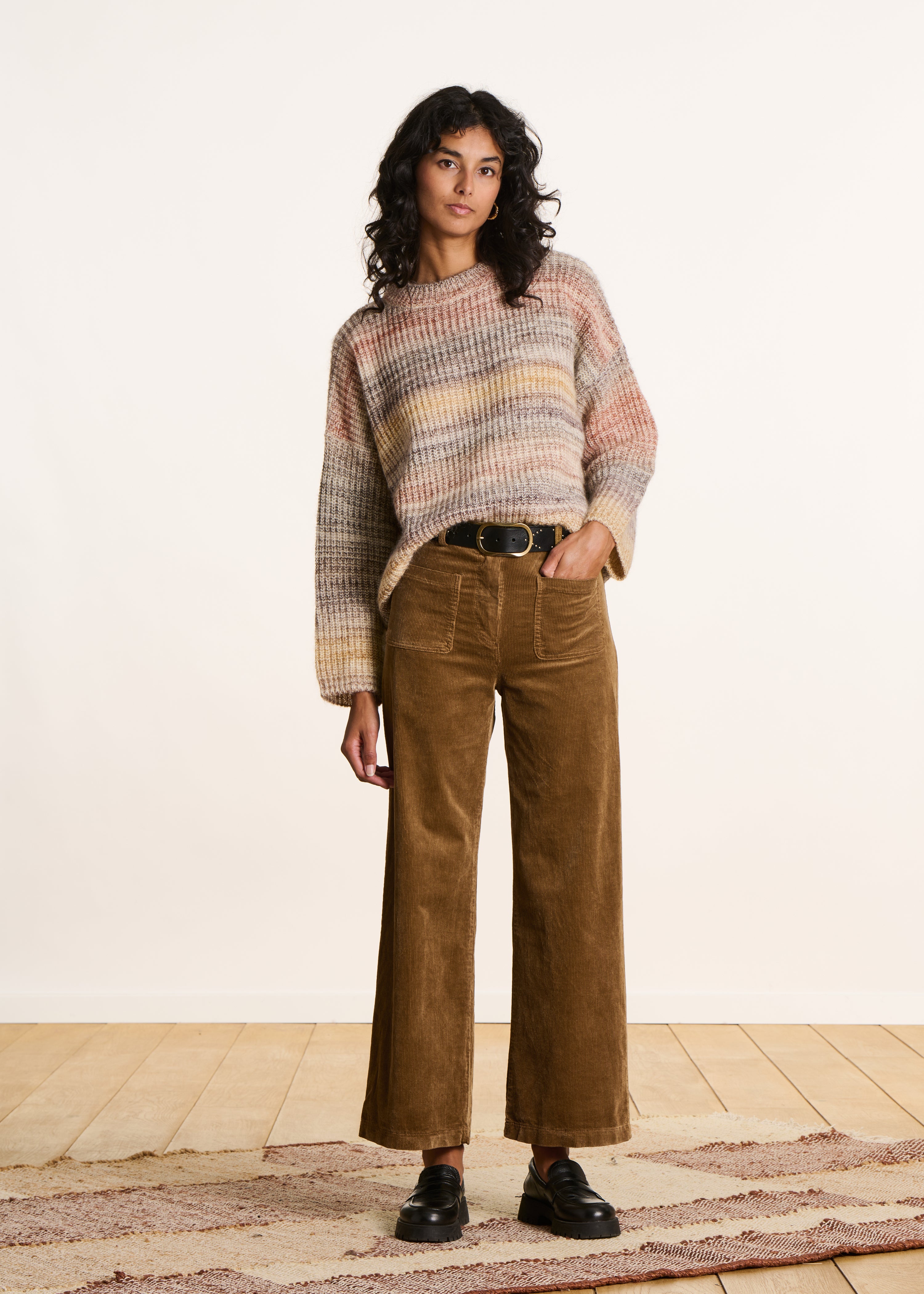 Pantalon large en velours marron taille haute