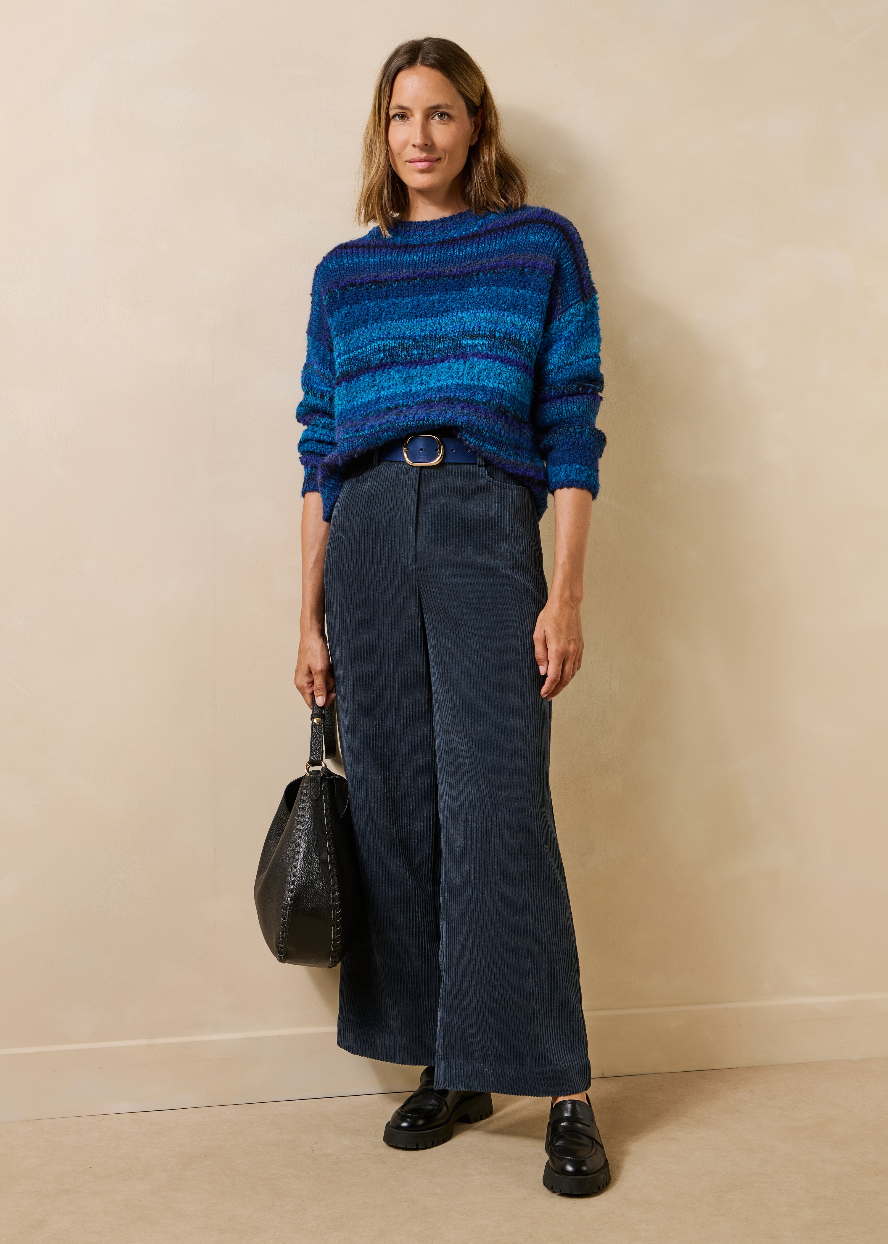 Pantalone largo blu grigio in velluto a coste