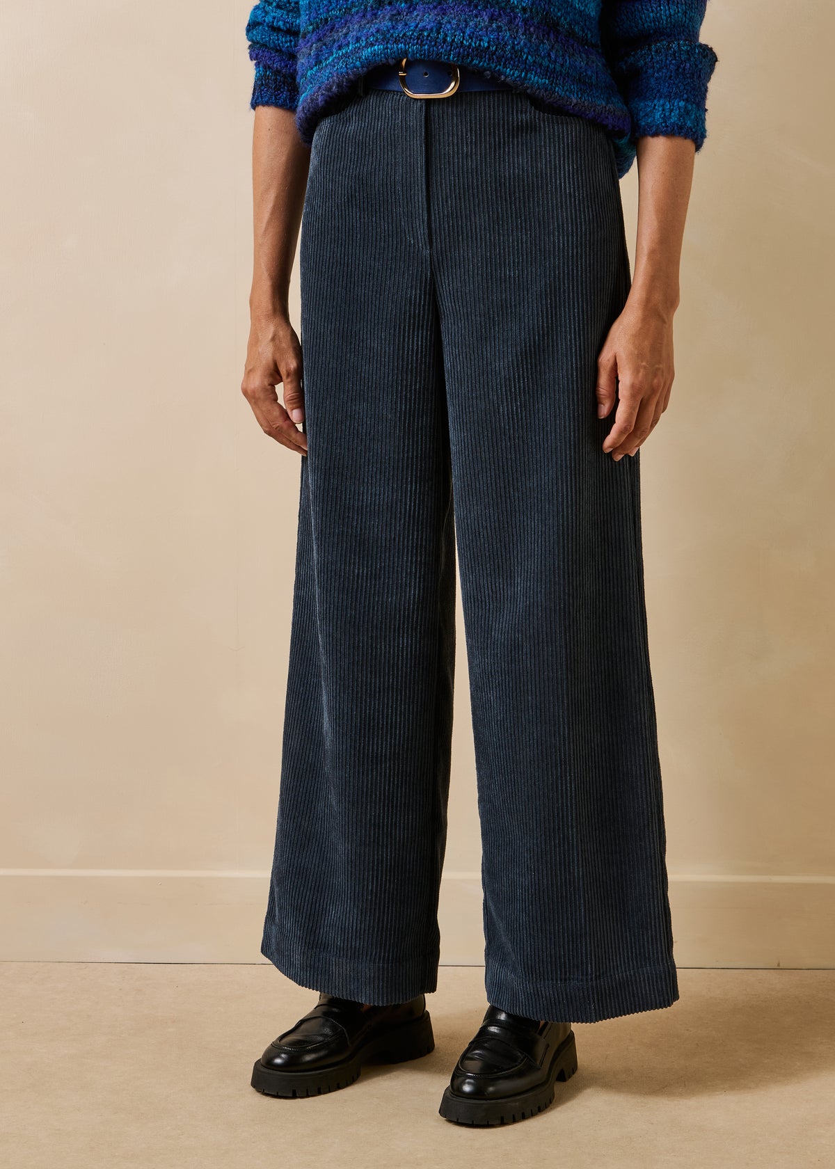 Pantalone largo blu grigio in velluto a coste
