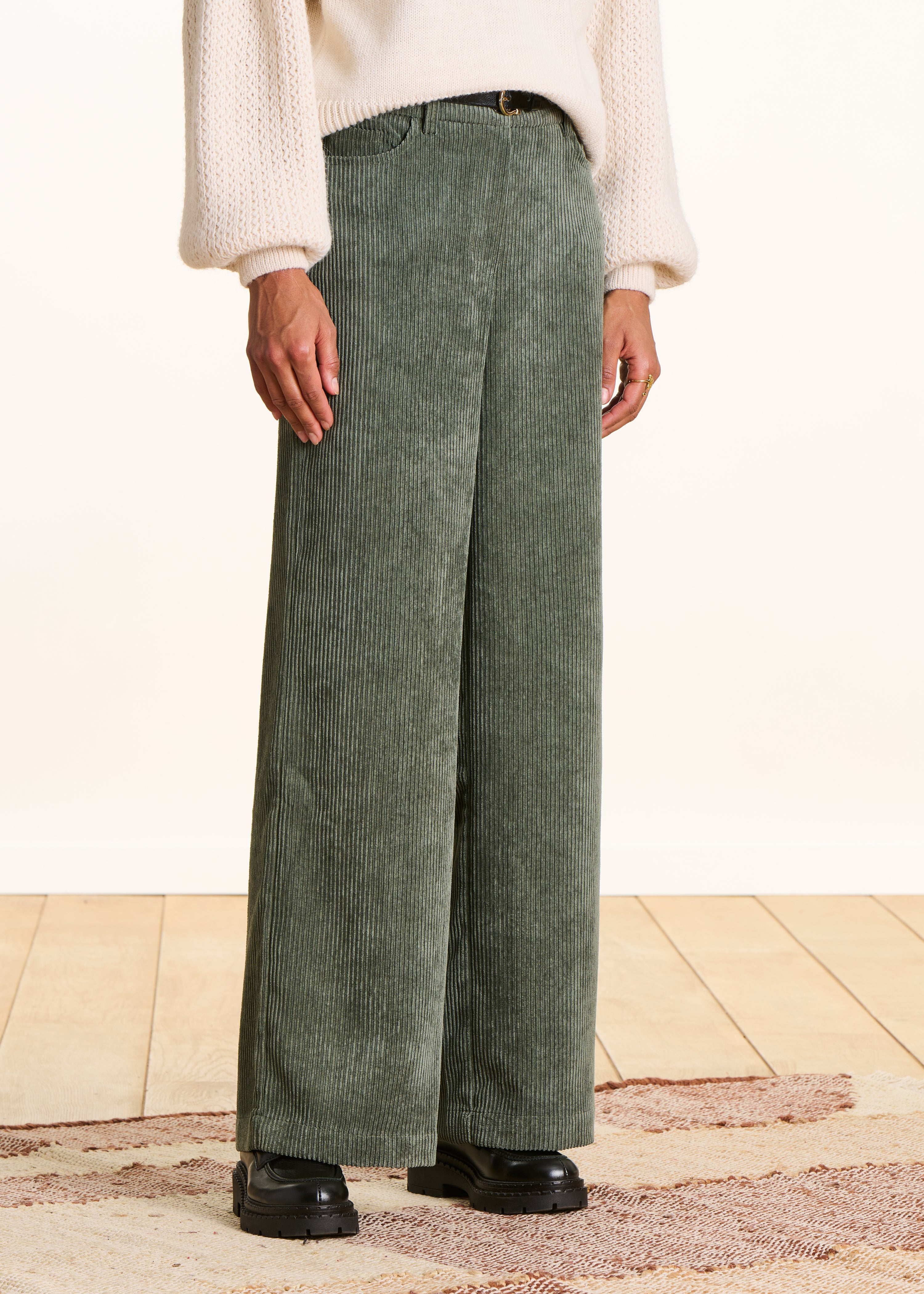 Wide-leg khaki corduroy trousers
