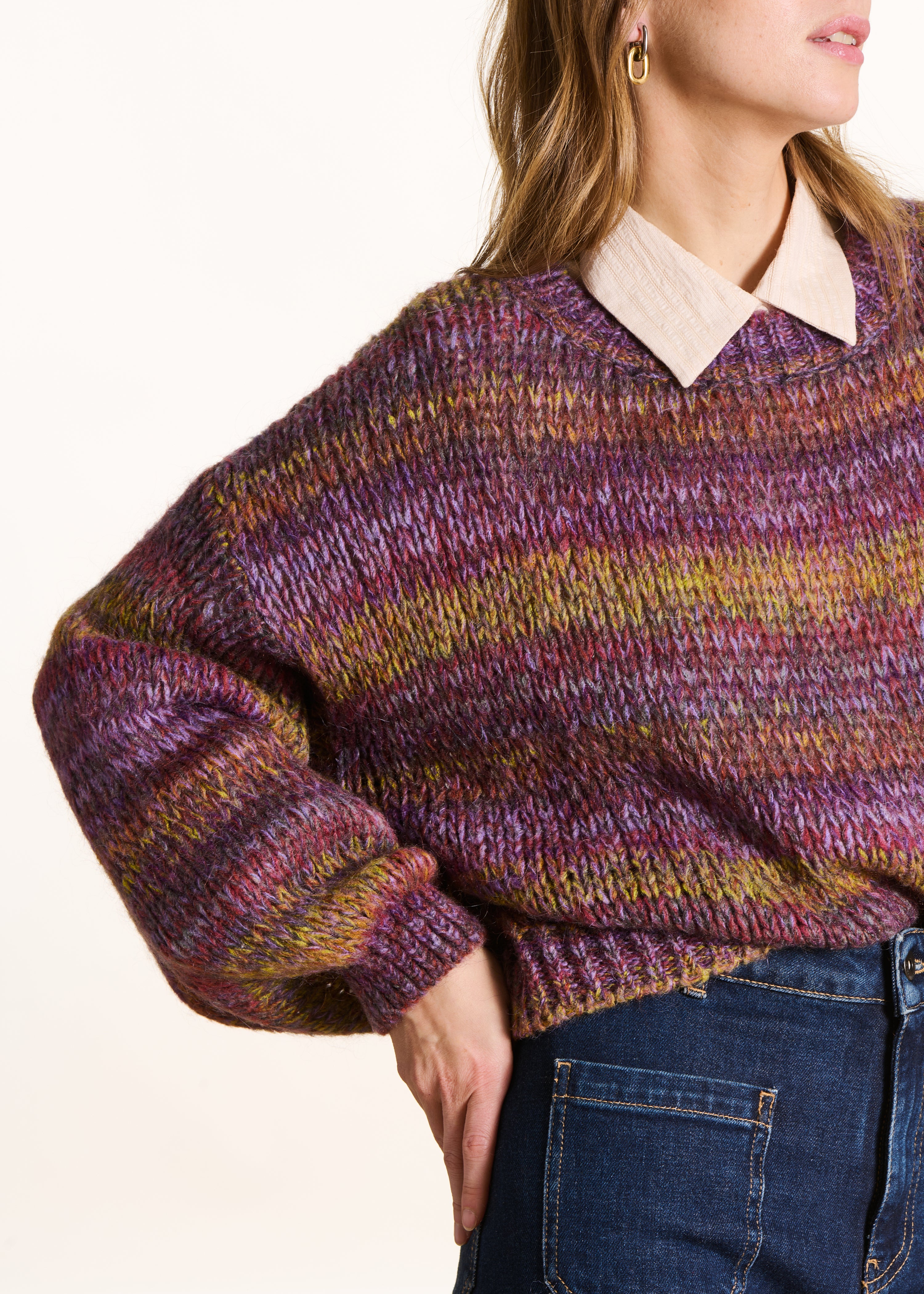 Pull prune à imprimé manches longues col rond