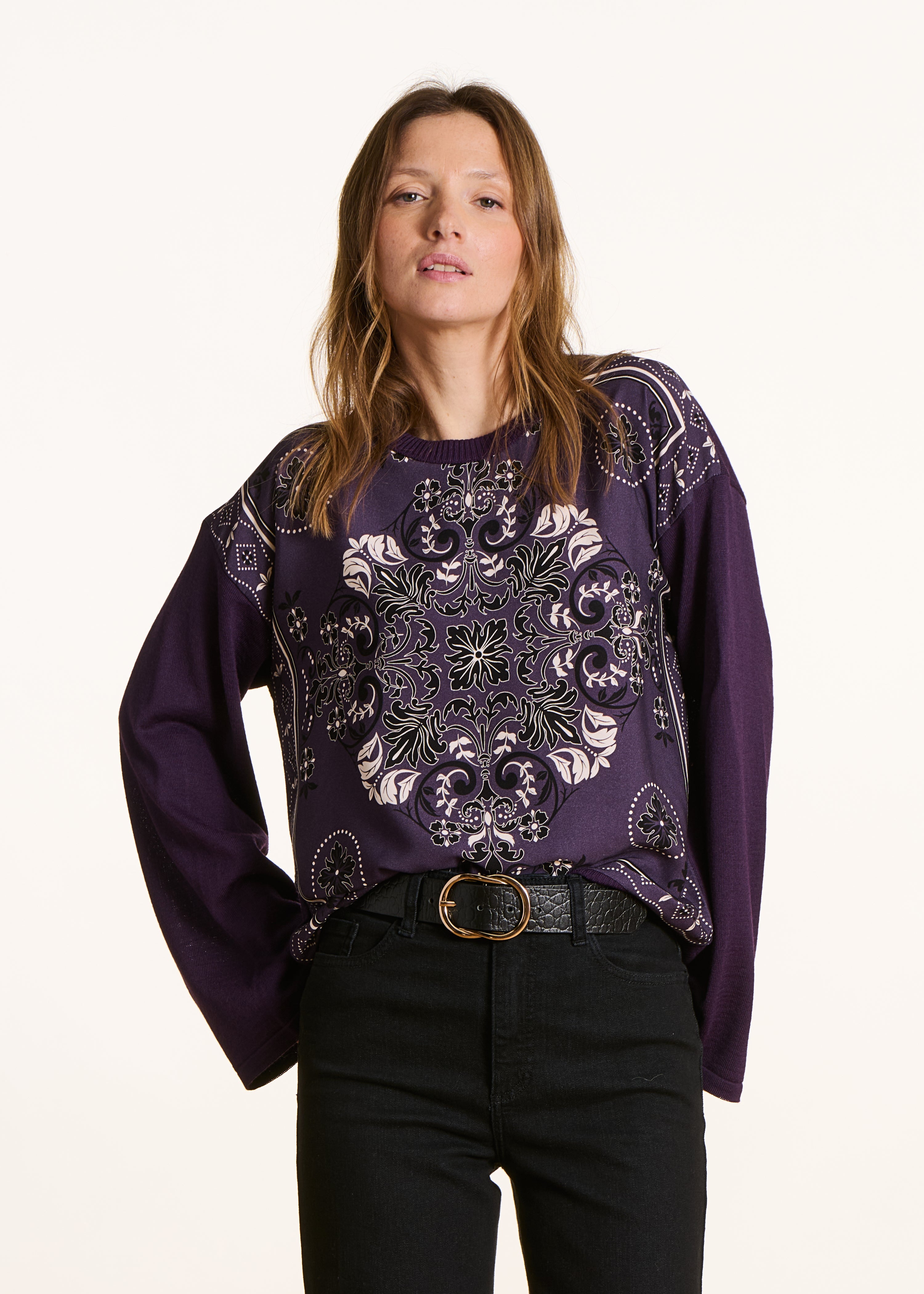 Two-tone plum wool sweater with scarf panel