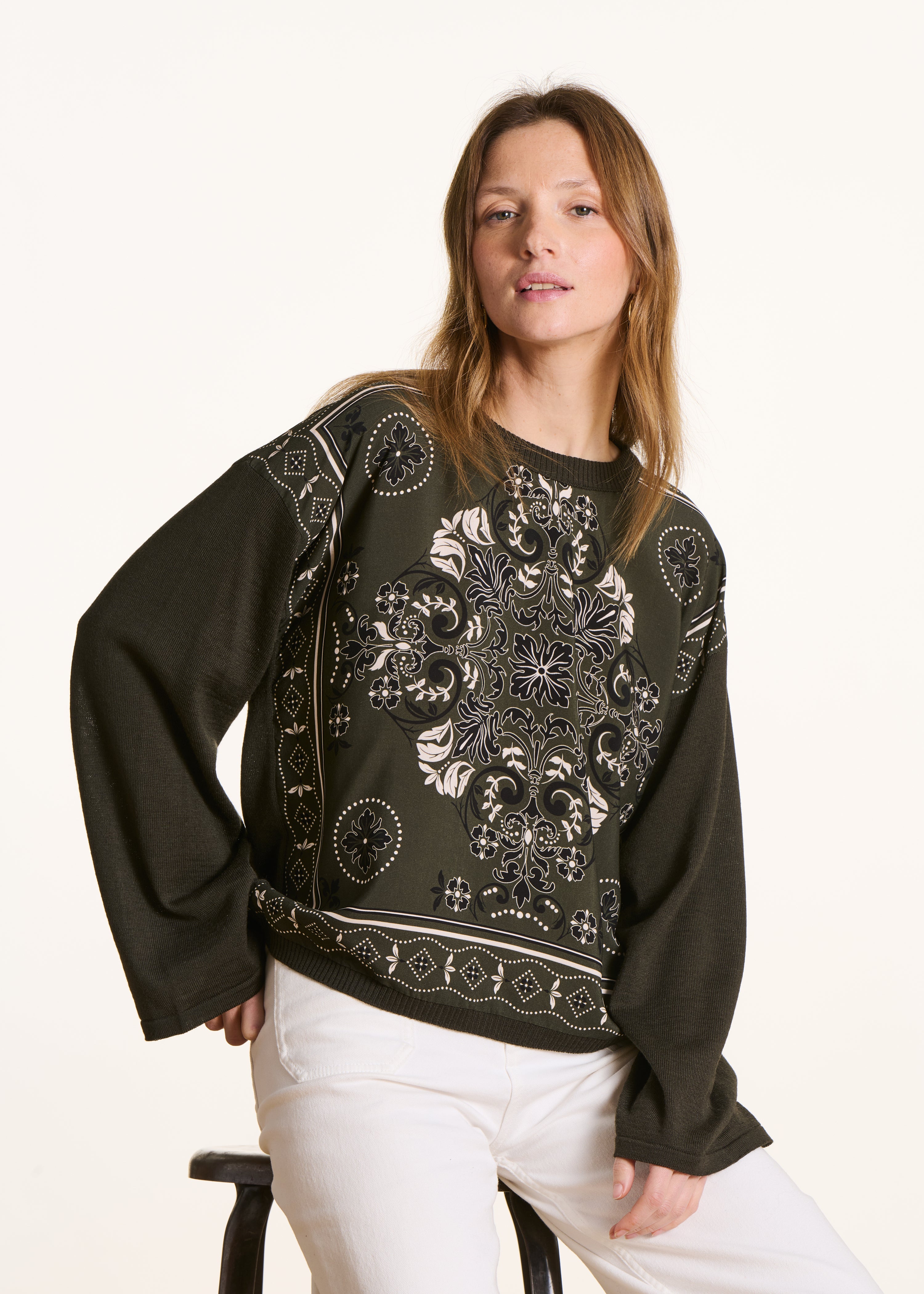 Khaki two-material wool sweater with scarf panel