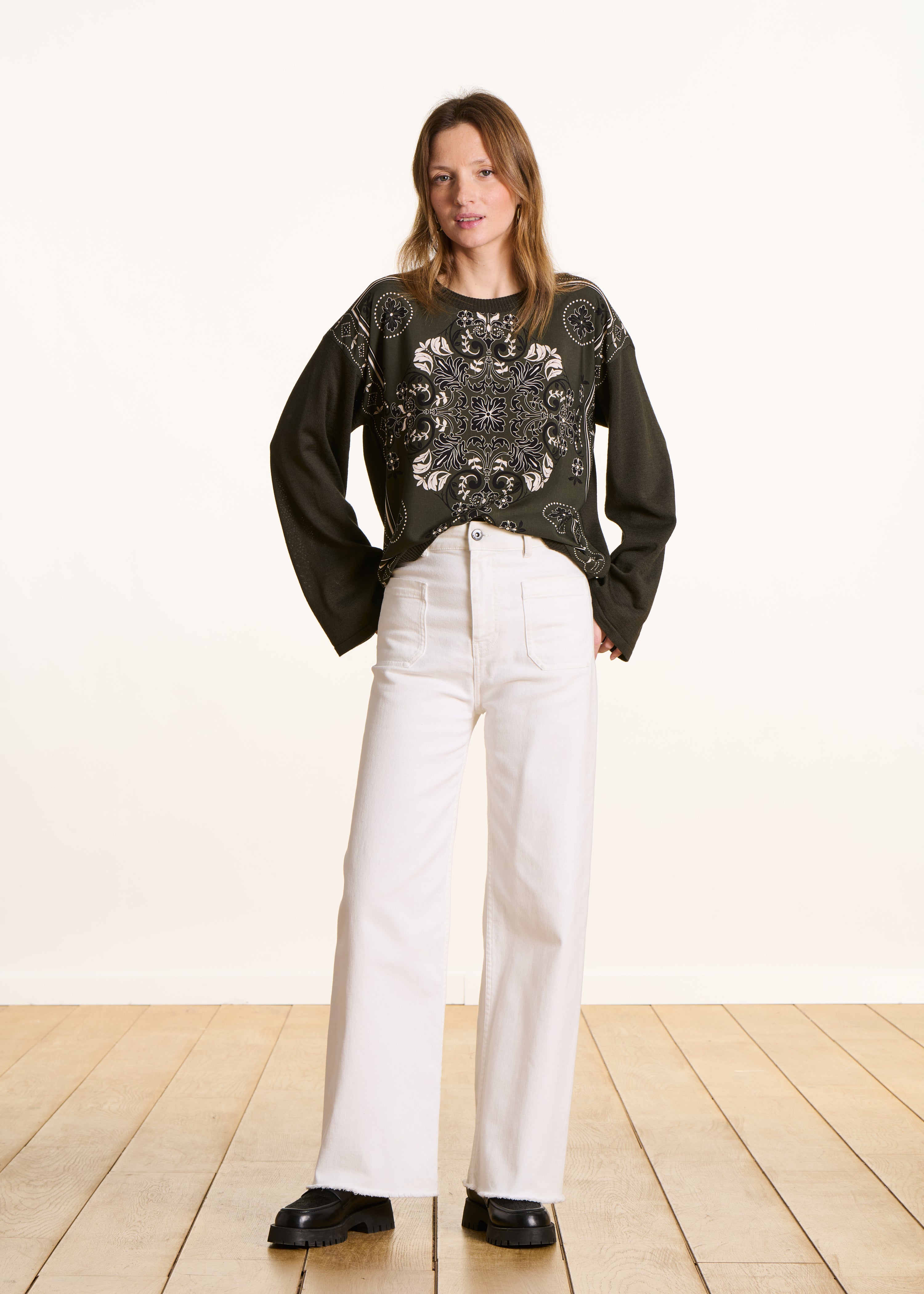 Khaki two-material wool sweater with scarf panel