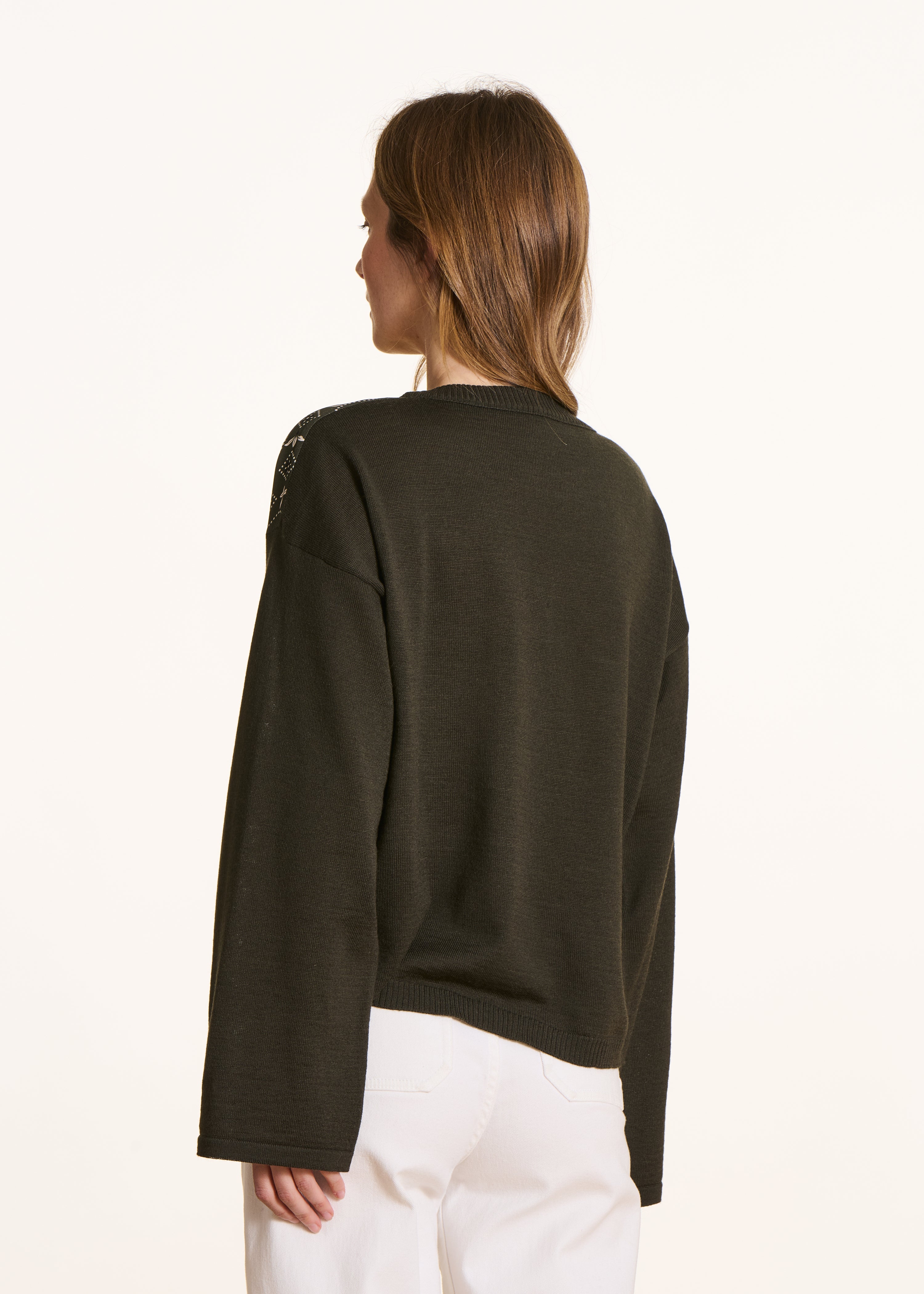 Khaki two-material wool sweater with scarf panel