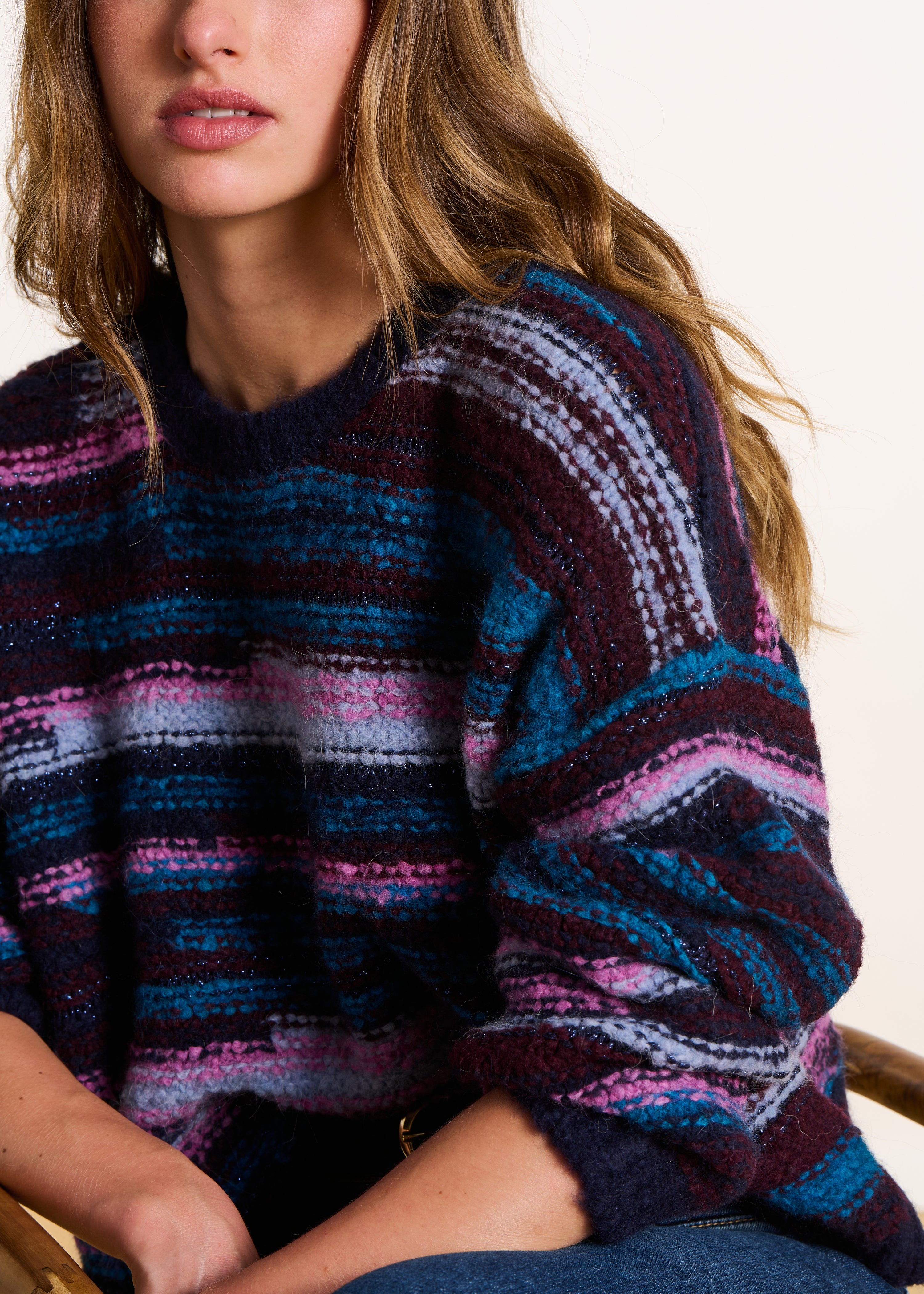 Blue striped multicolor round neck sweater La Fée Maraboutée