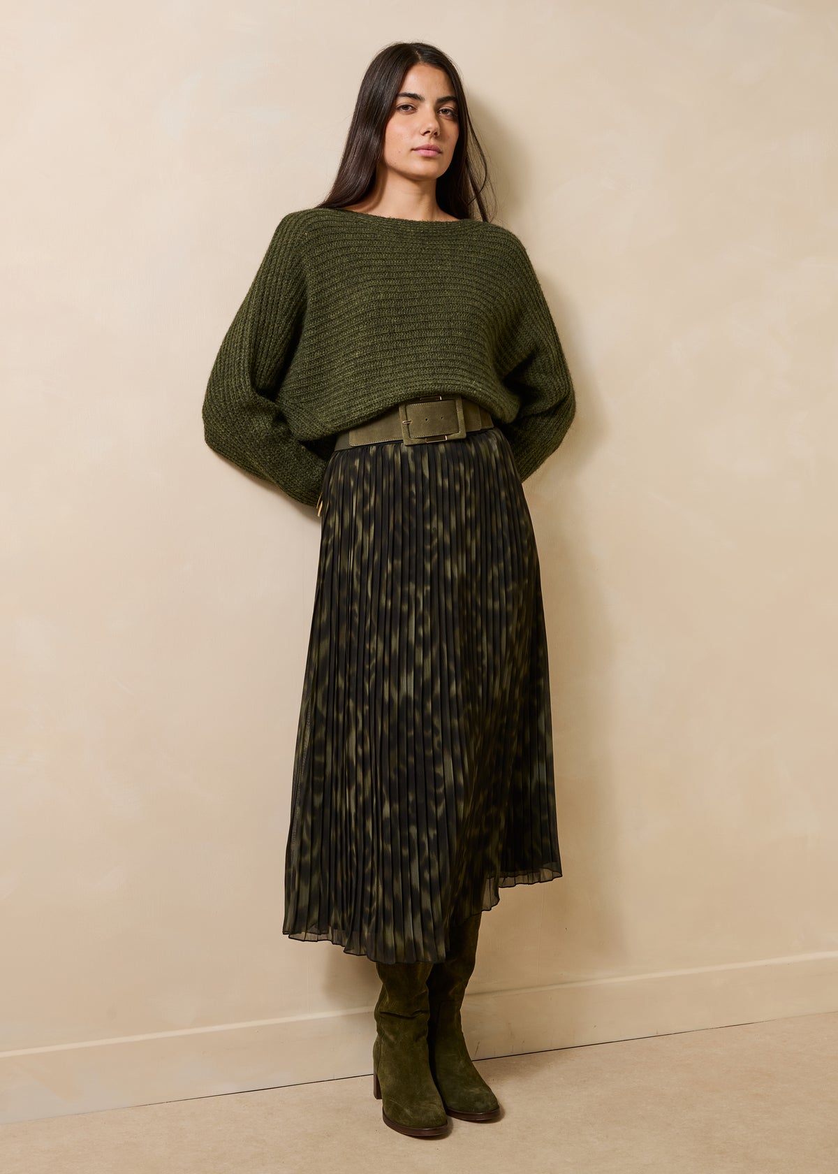 Maglione ampio kaki a maniche lunghe