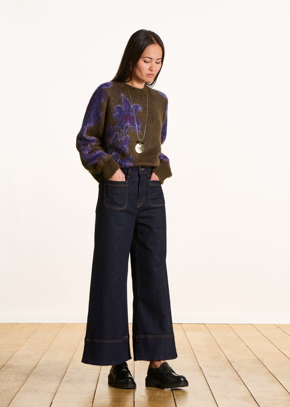 Maglione Donna A Blocchi Colorati - Scollo Tondo Largo, Manica Lunga, Design Geometrico