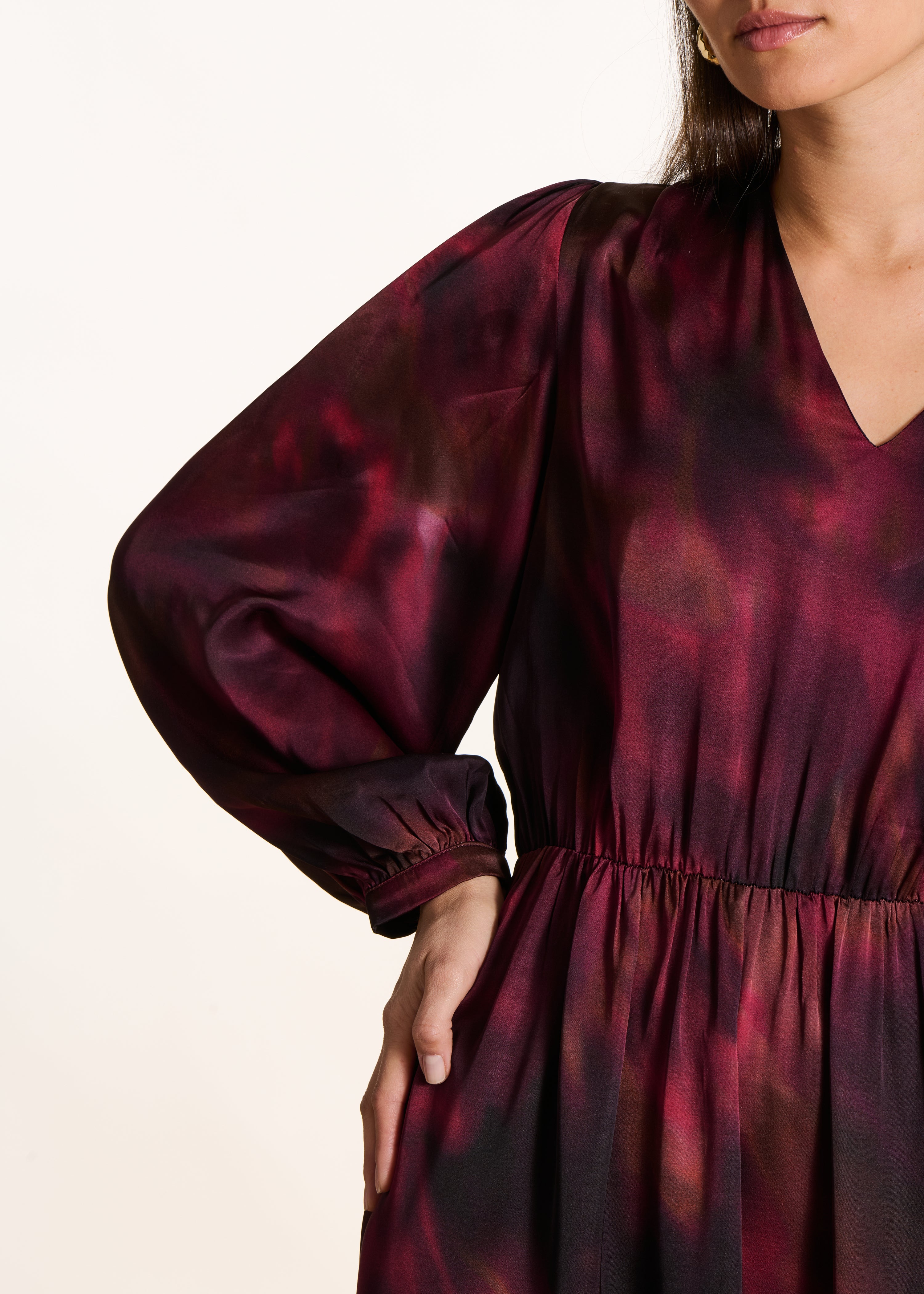 Long red satin dress with print