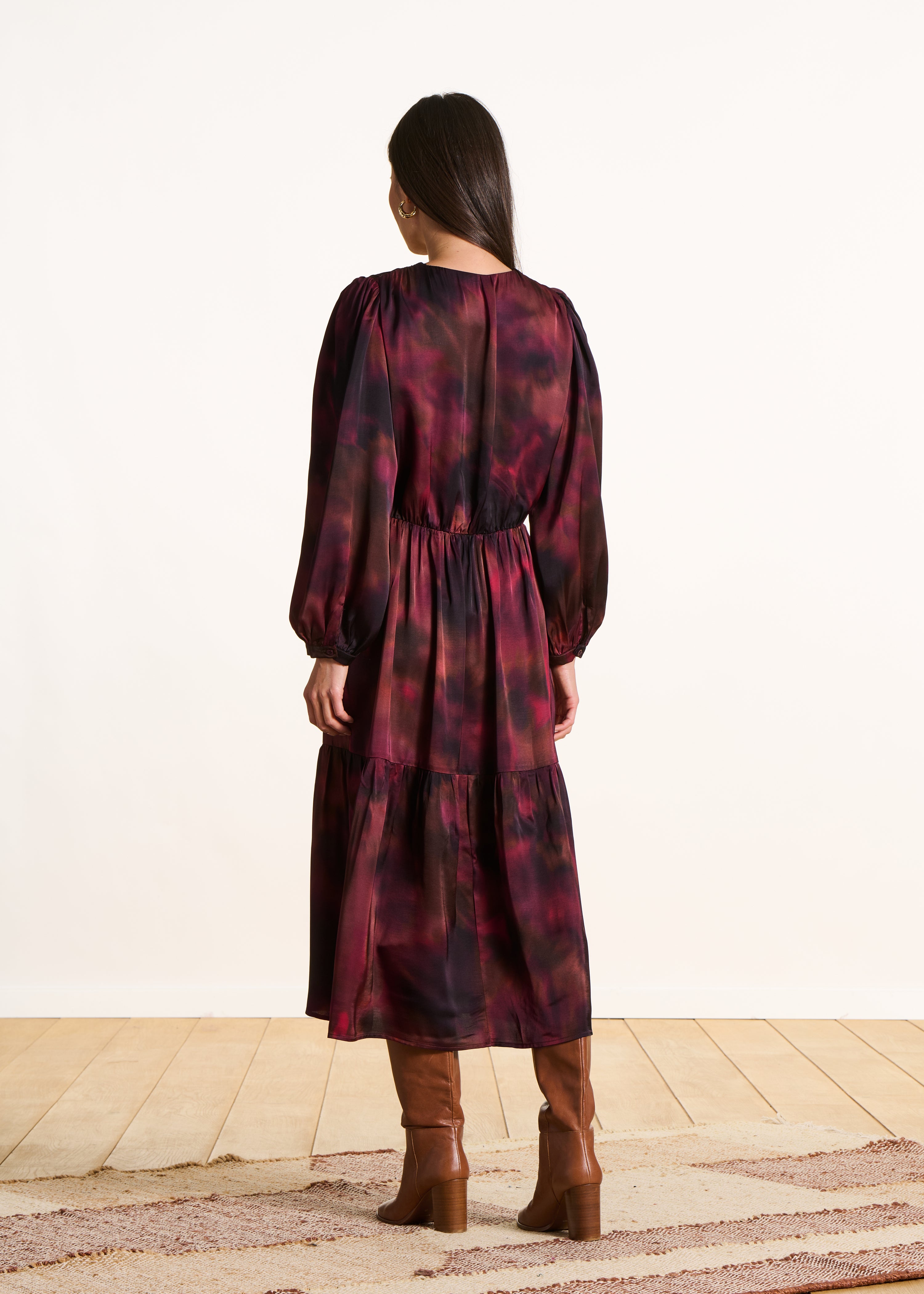 Long red satin dress with print