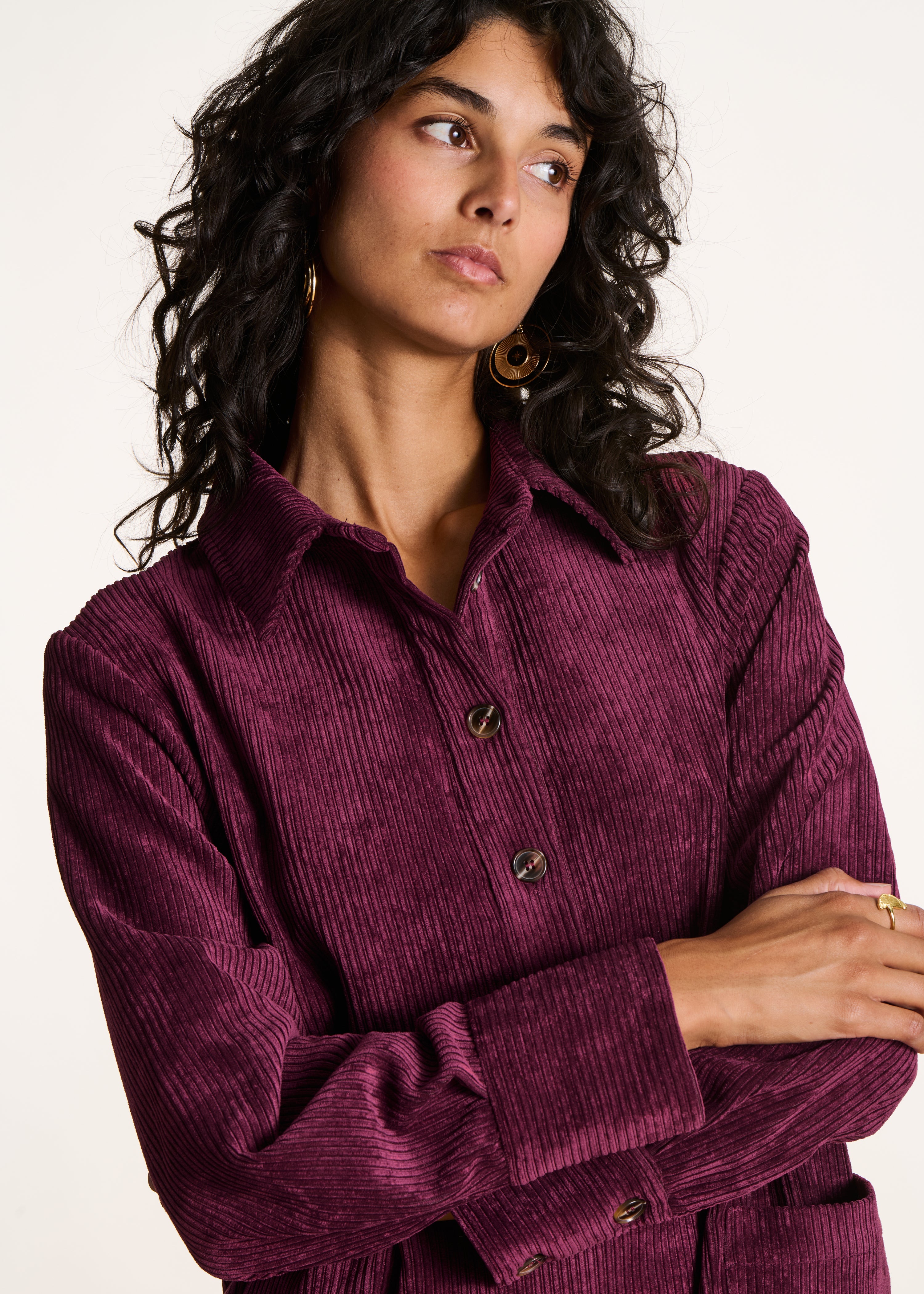 Short shirt dress in burgundy corduroy velvet La Fée Maraboutée