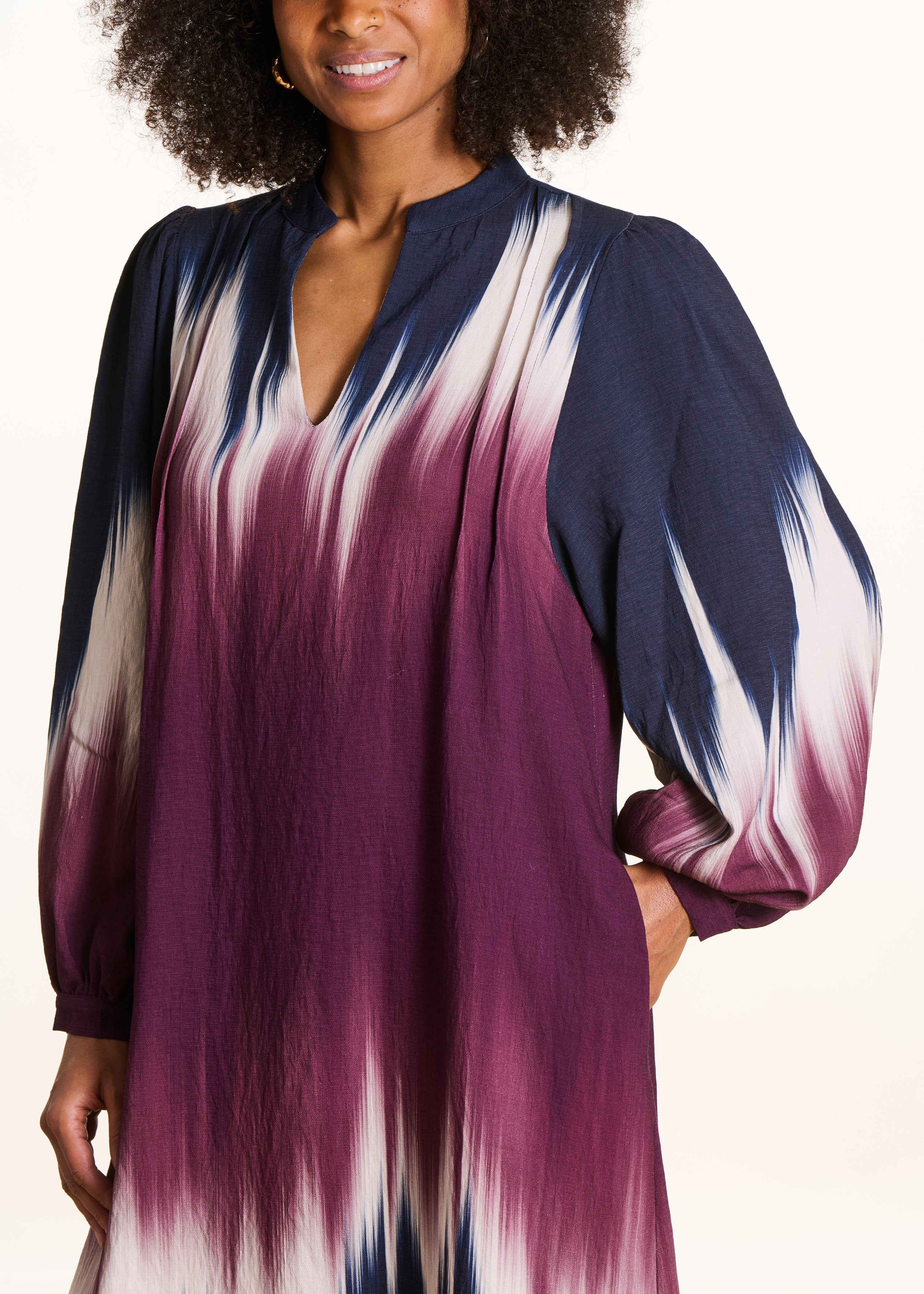 Long blue and plum tie & dye printed dress