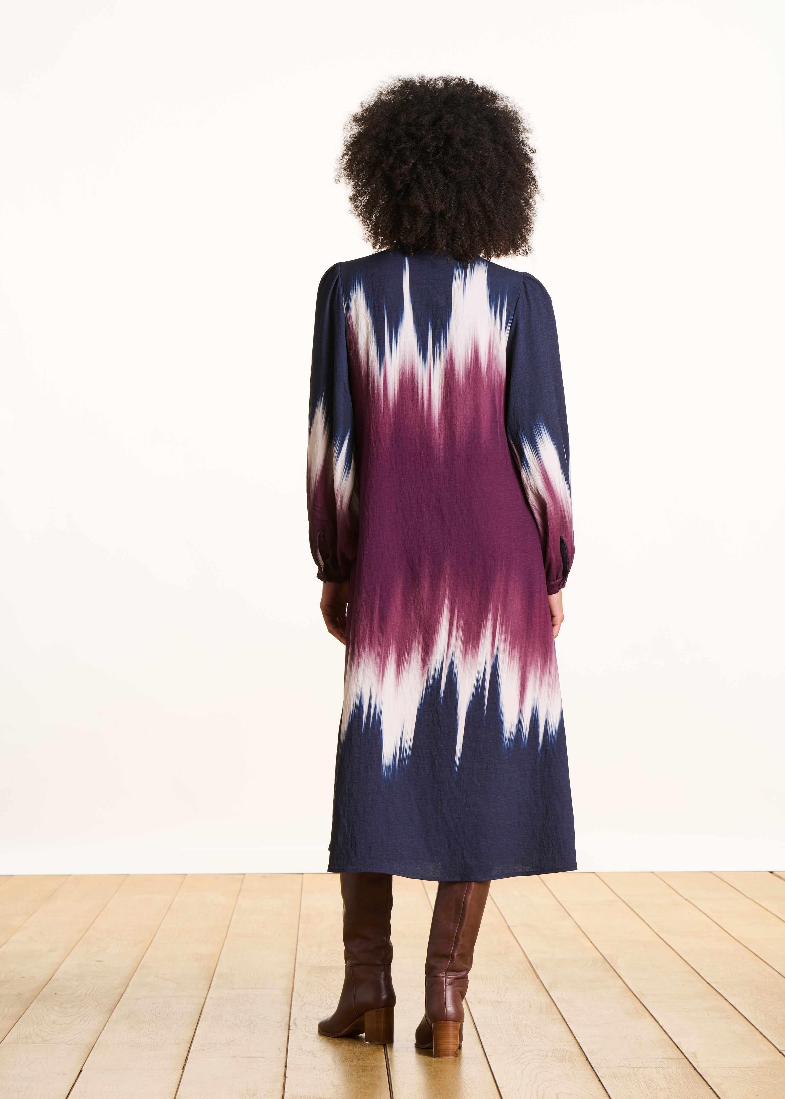 Long blue and plum tie & dye printed dress