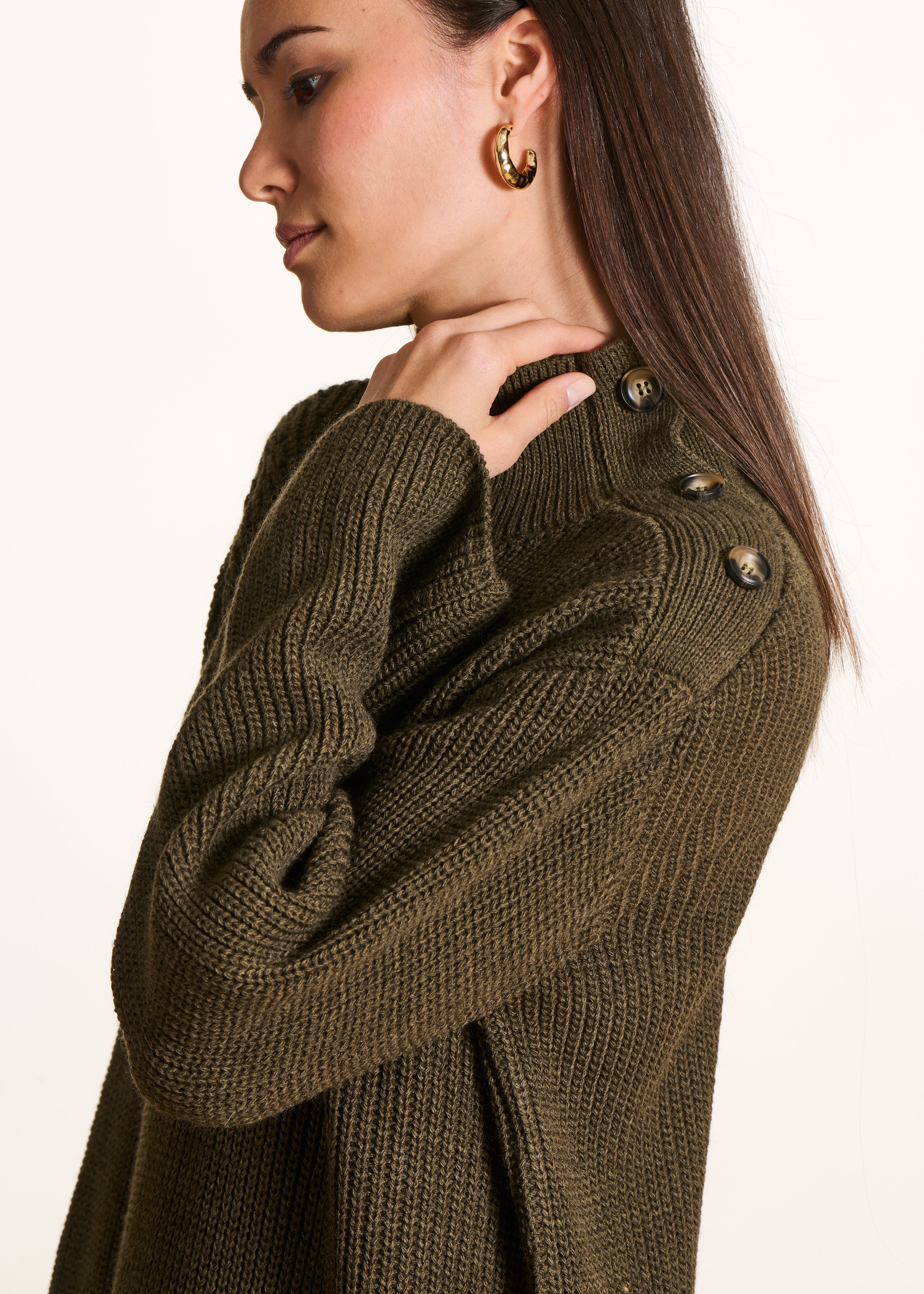 Khaki gebreide korte jurk, lange mouwen