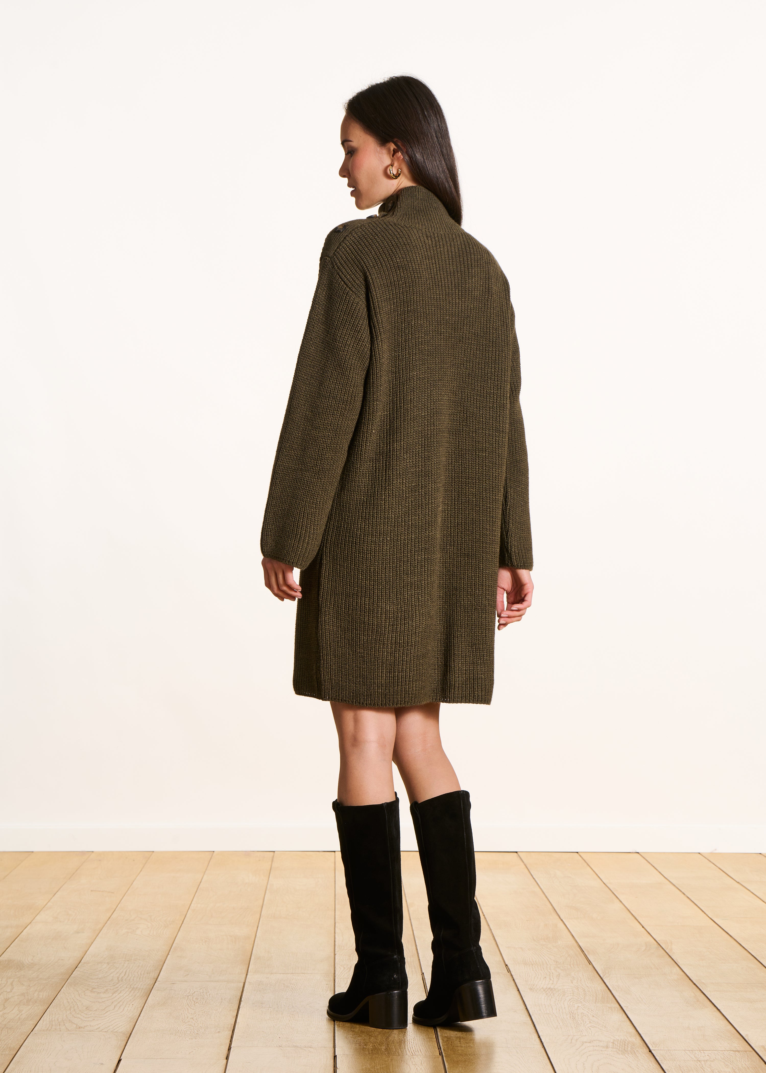 Khaki gebreide korte jurk, lange mouwen