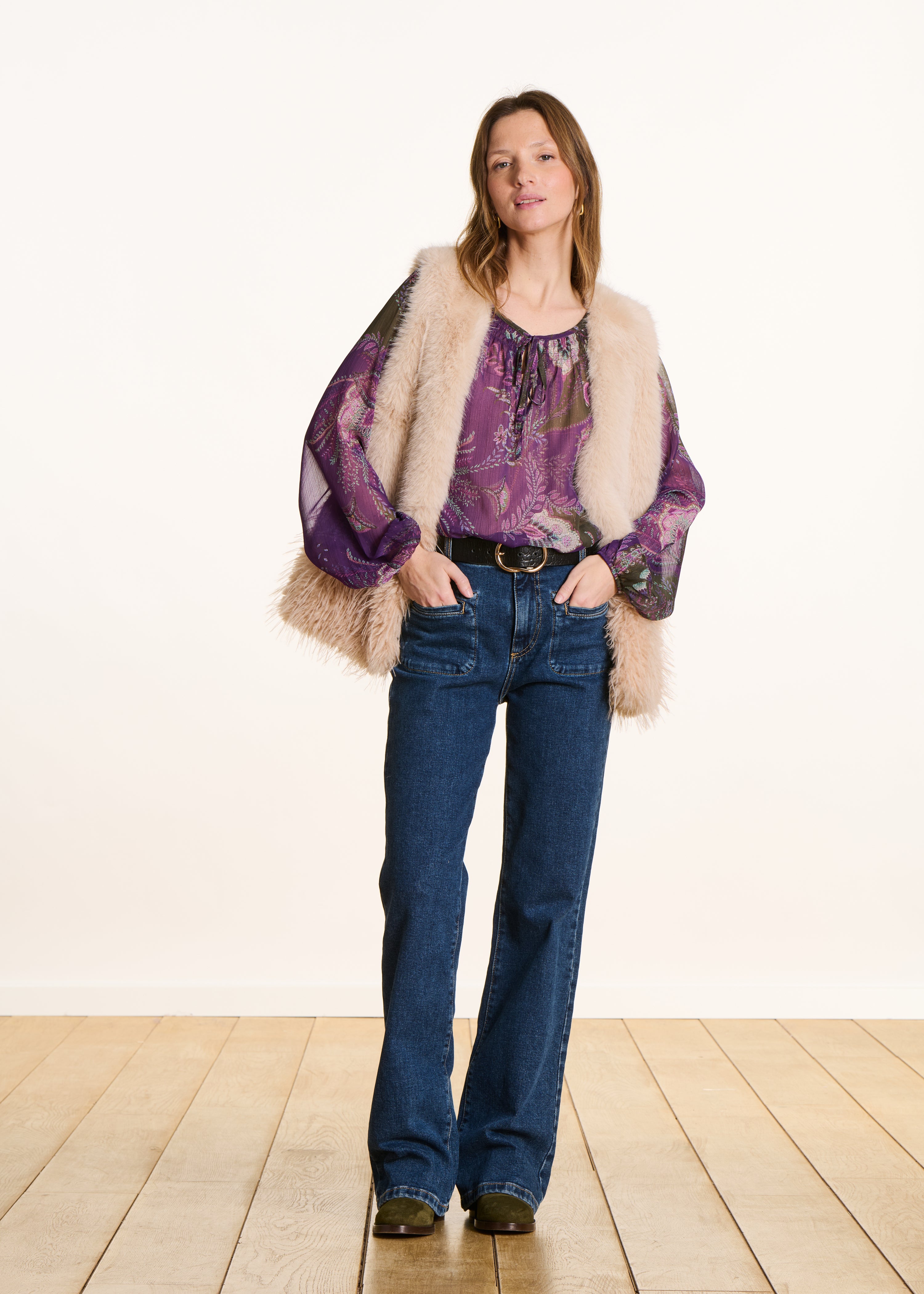 Langarm-Top in Violett und Grün mit Print