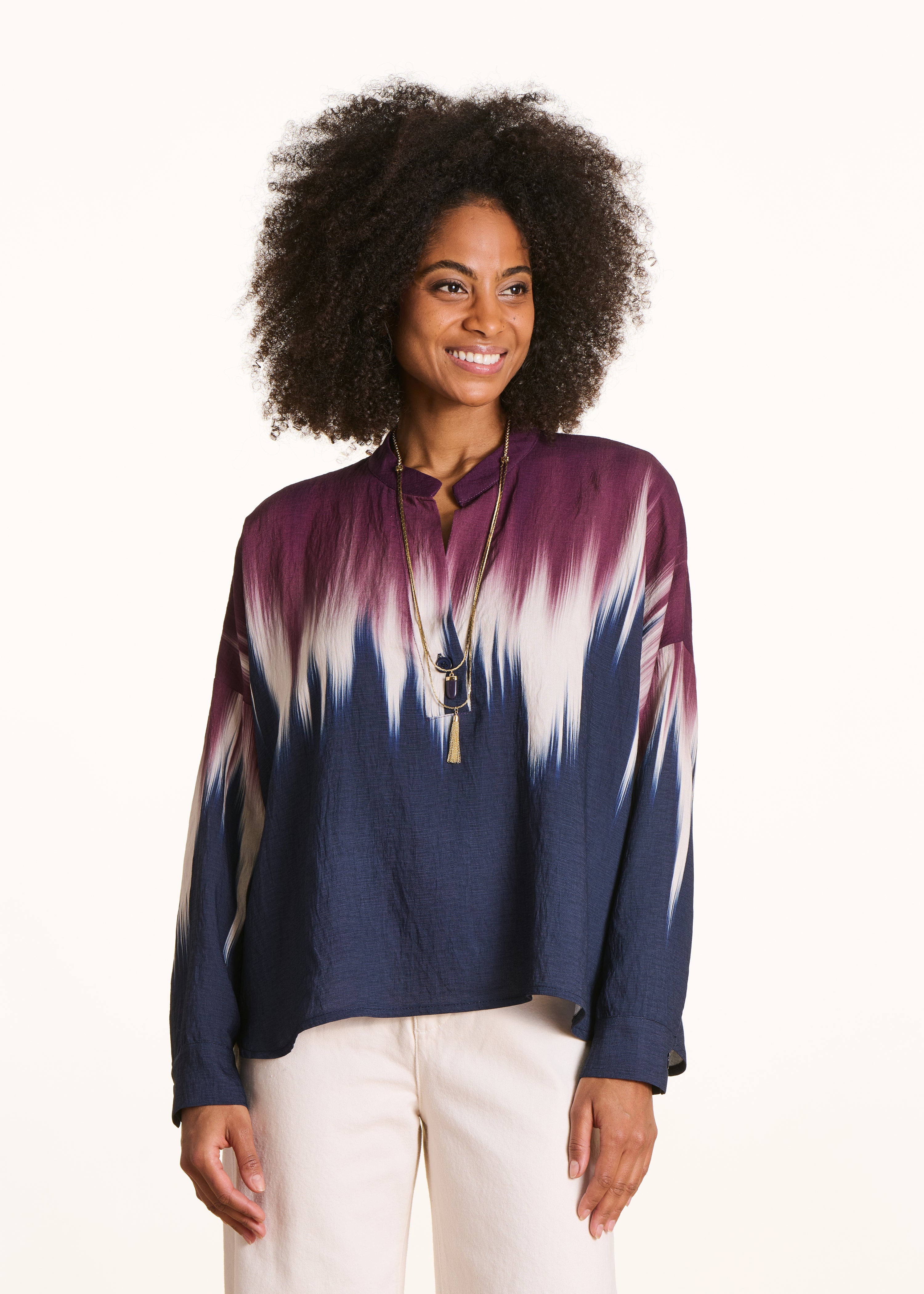 Oversize Top in Blau und Pflaume mit Tie-Dye-Print
