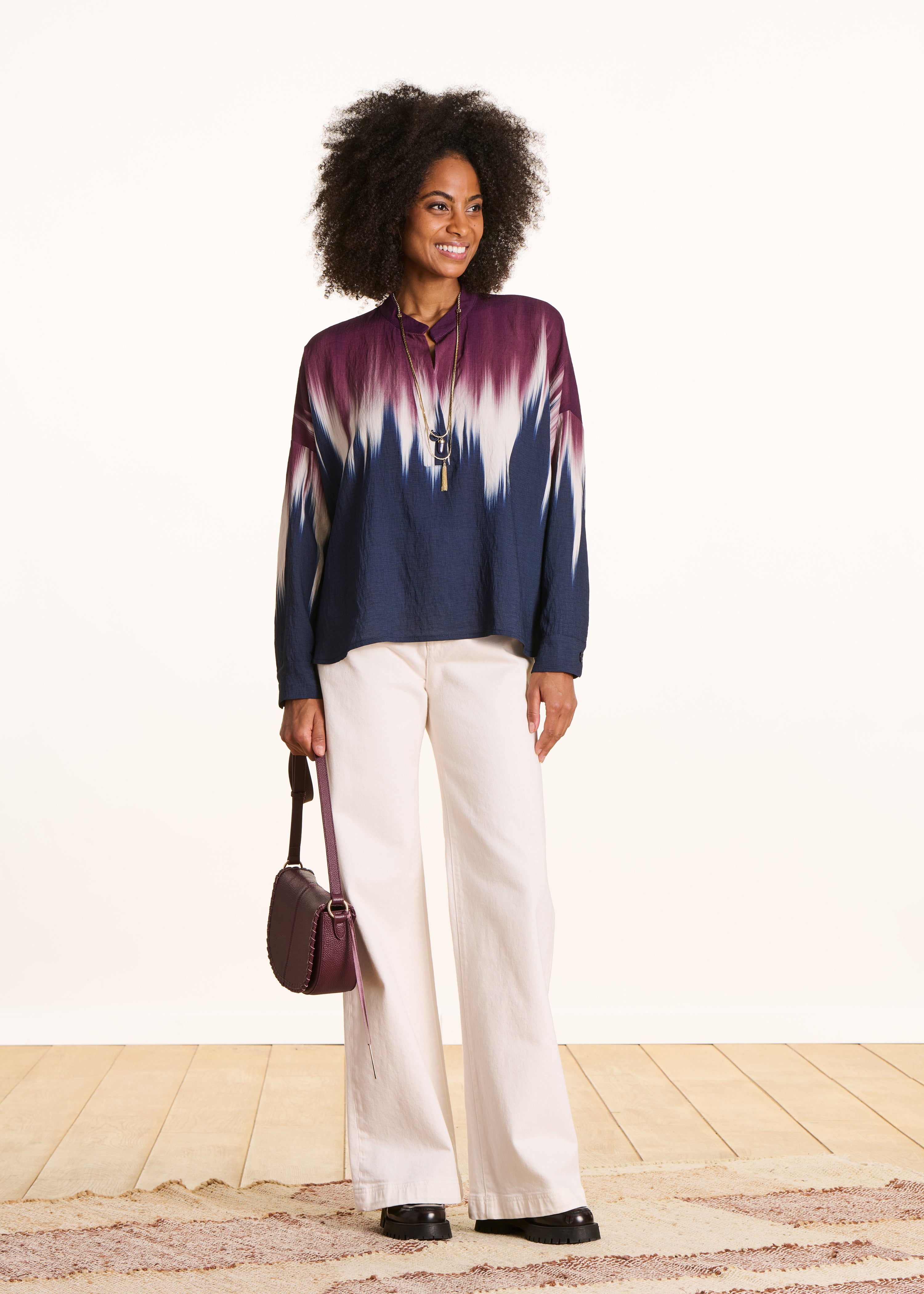 Oversized blue and plum top with tie & dye print