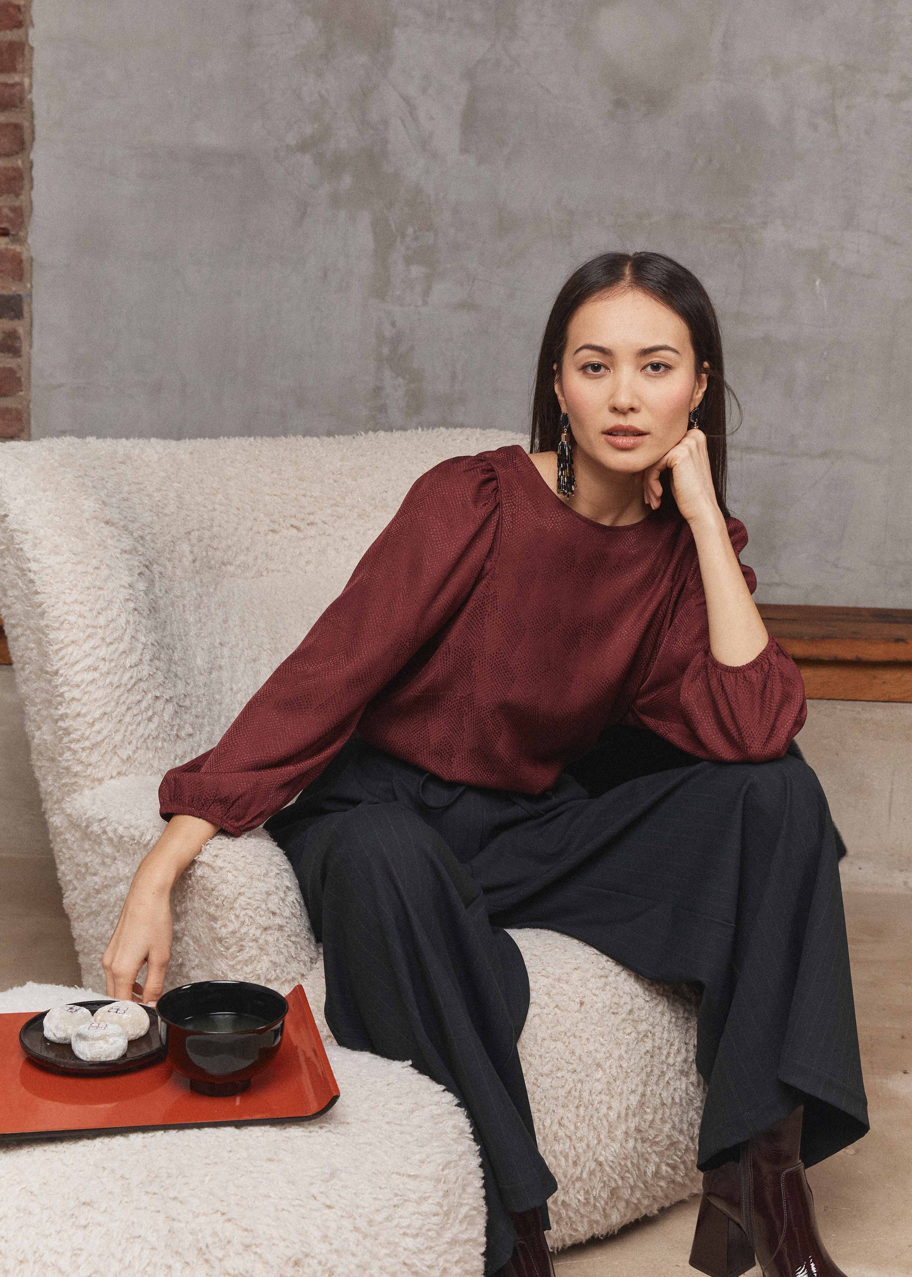 Top bordeaux manches longues et col rond