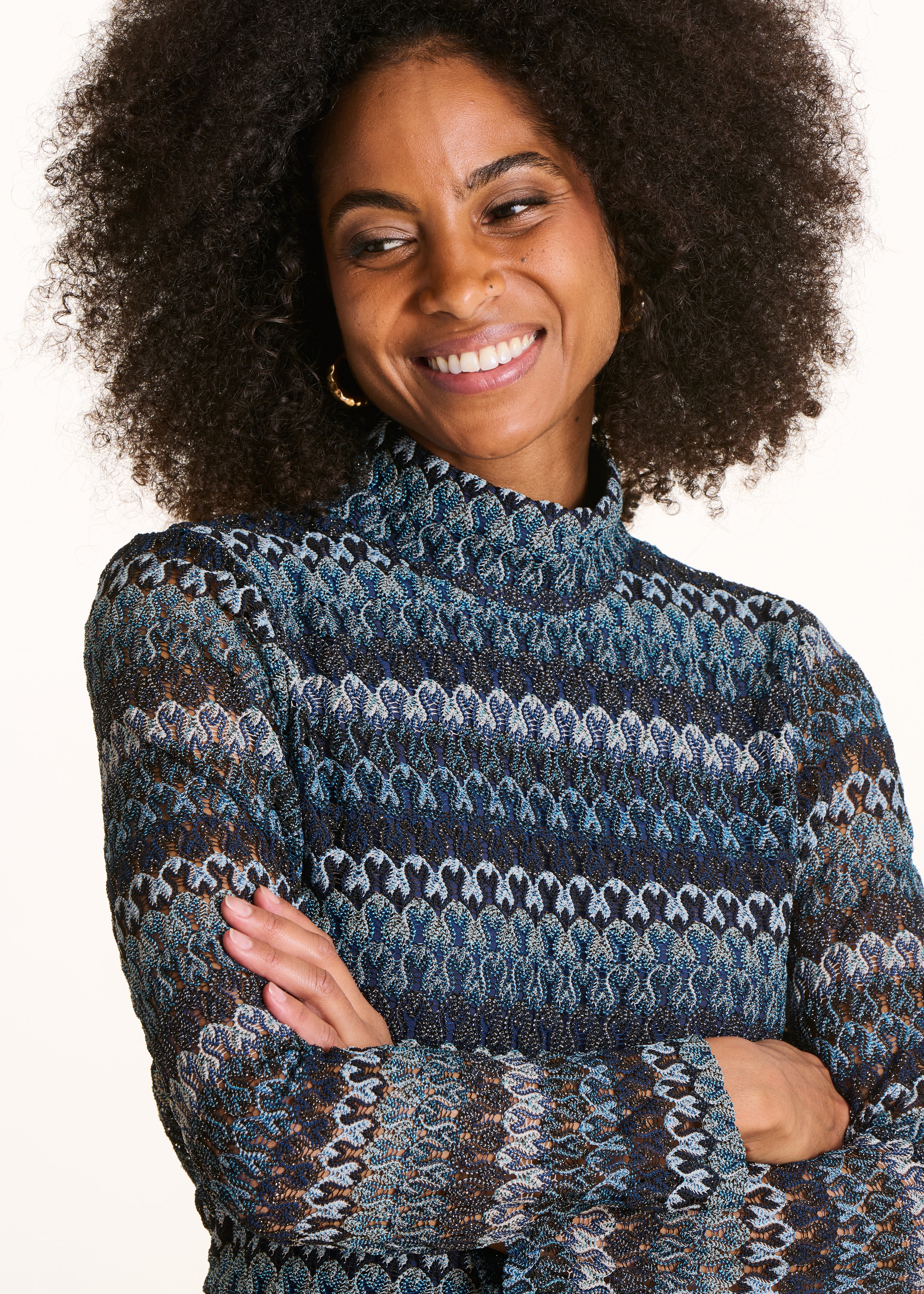 Petrol blue crochet long sleeve T-shirt