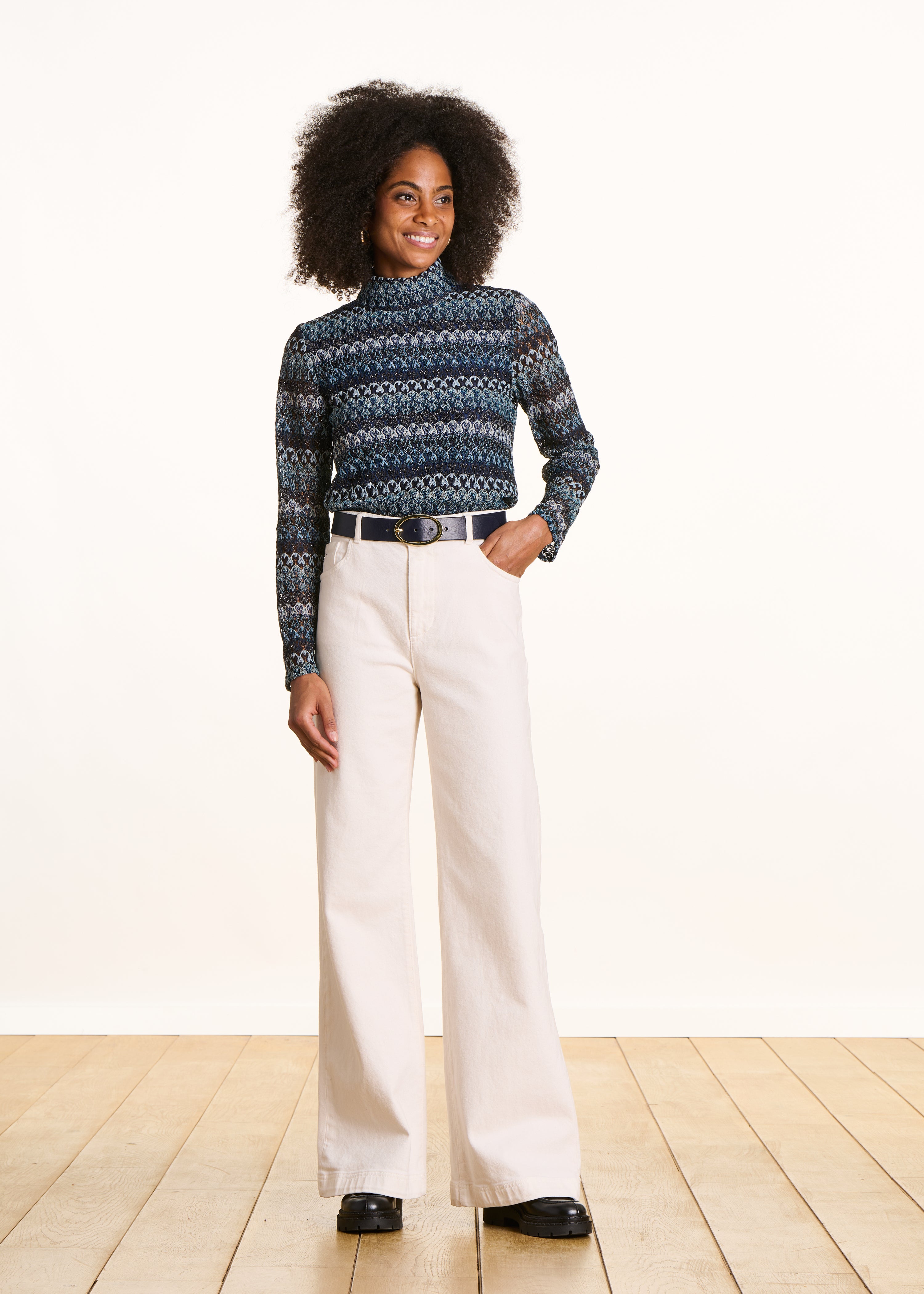 Petrol blue crochet long sleeve T-shirt