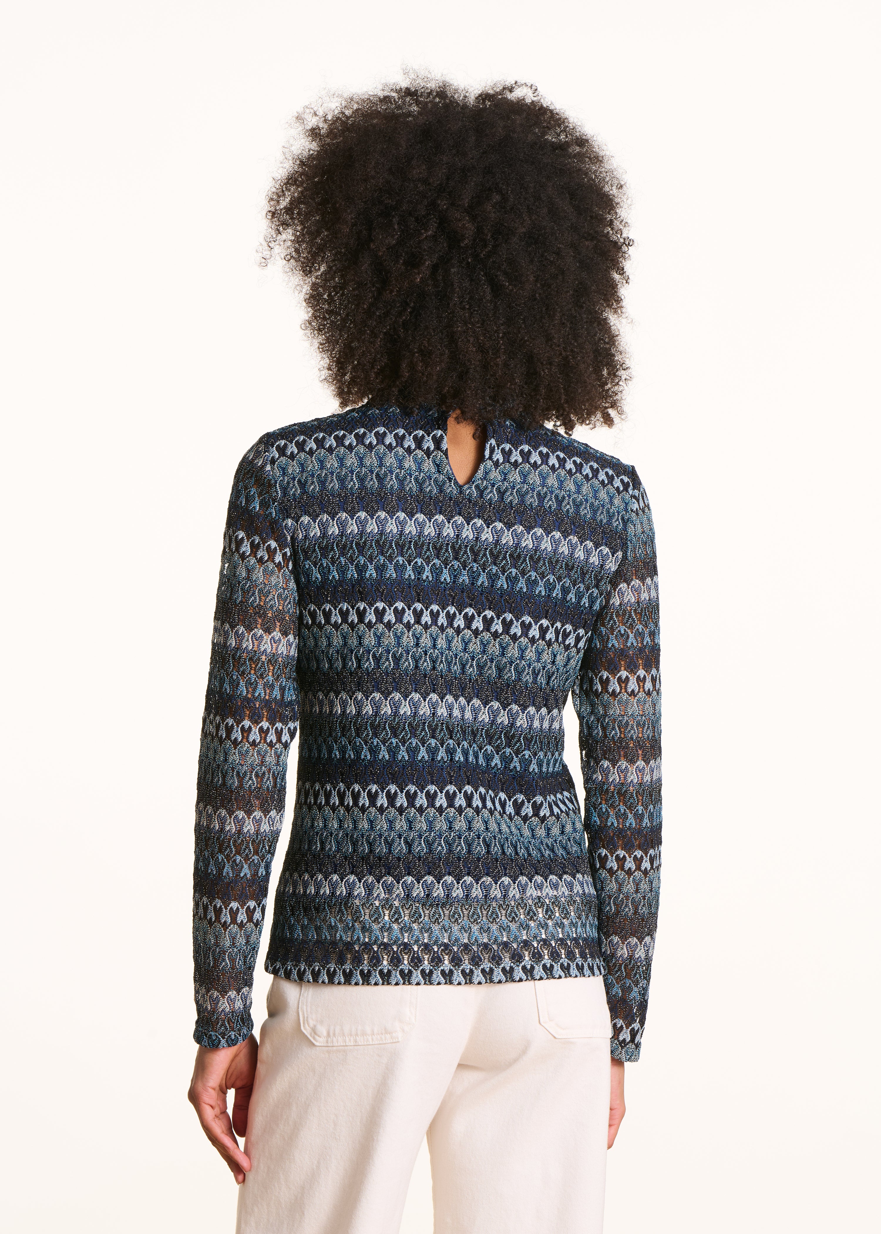 Petrol blue crochet long sleeve T-shirt