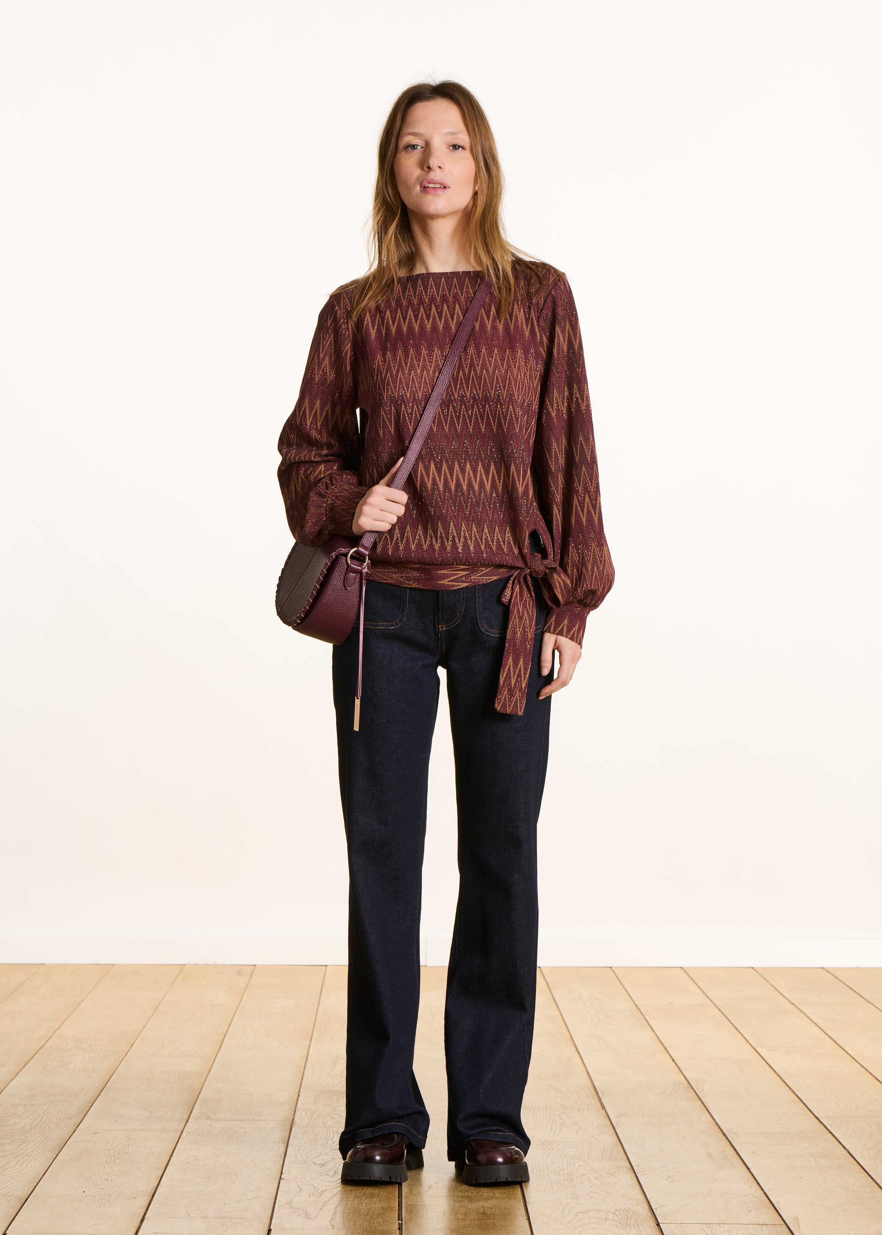 Oversized burgundy zigzag long sleeve T-shirt