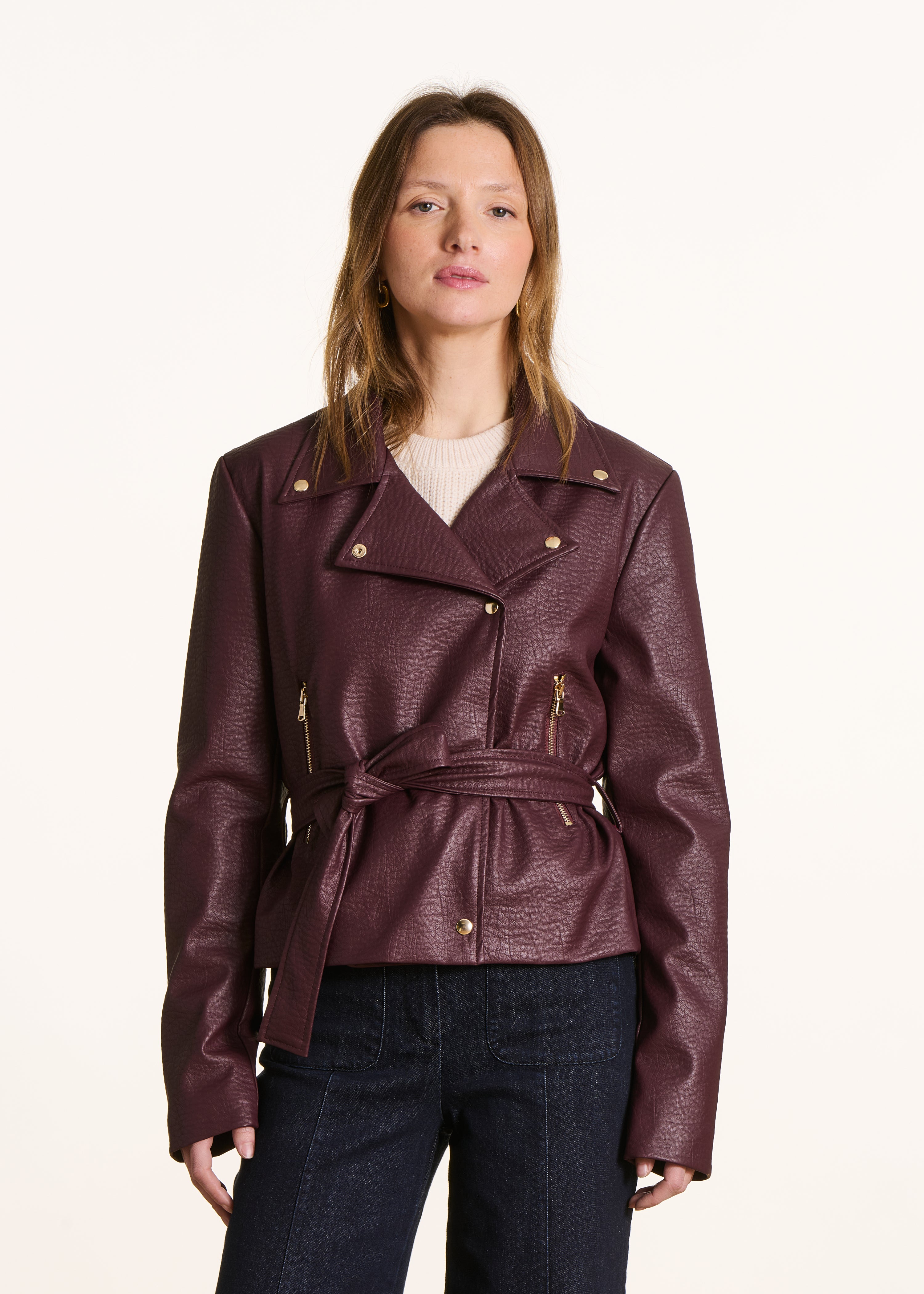 Burgundy faux leather biker jacket