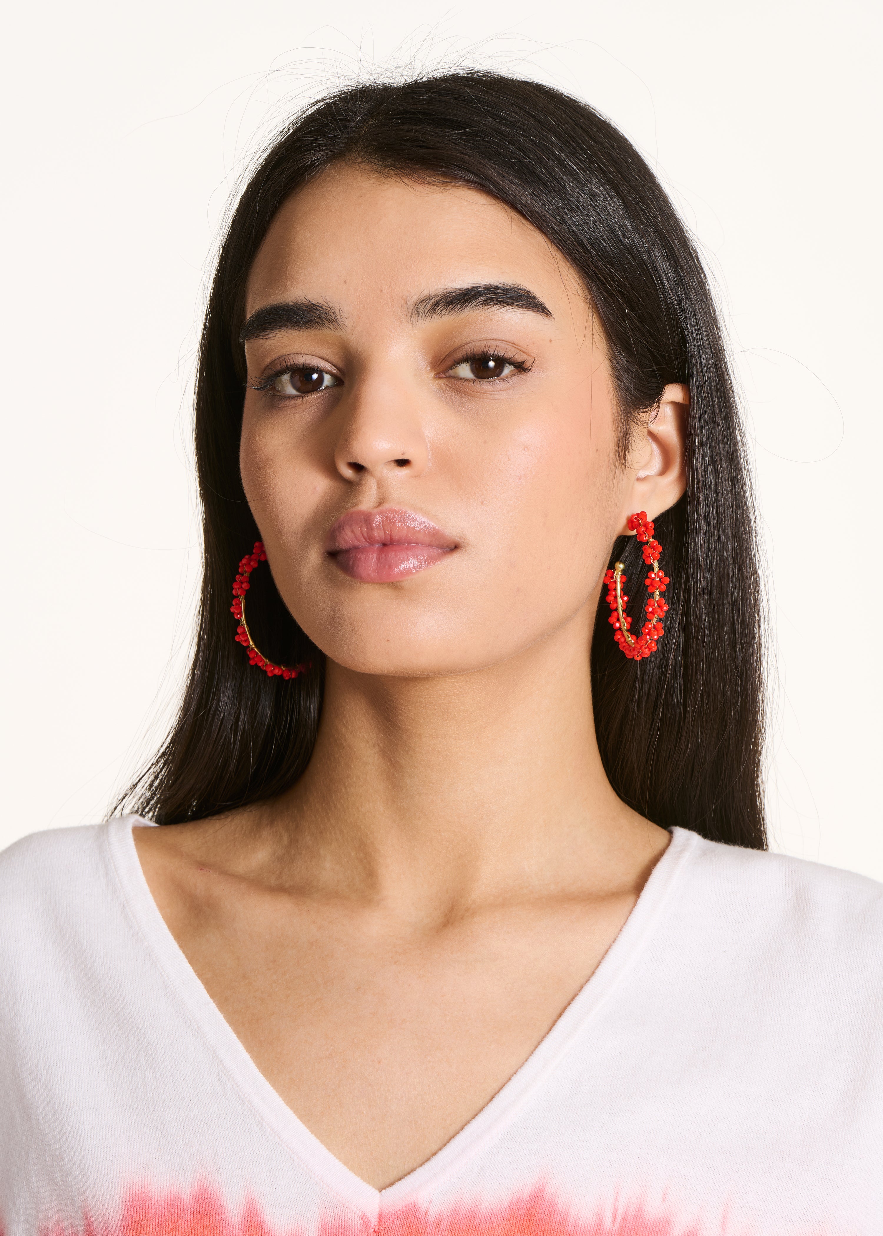 Orange pearl flower hoop earrings