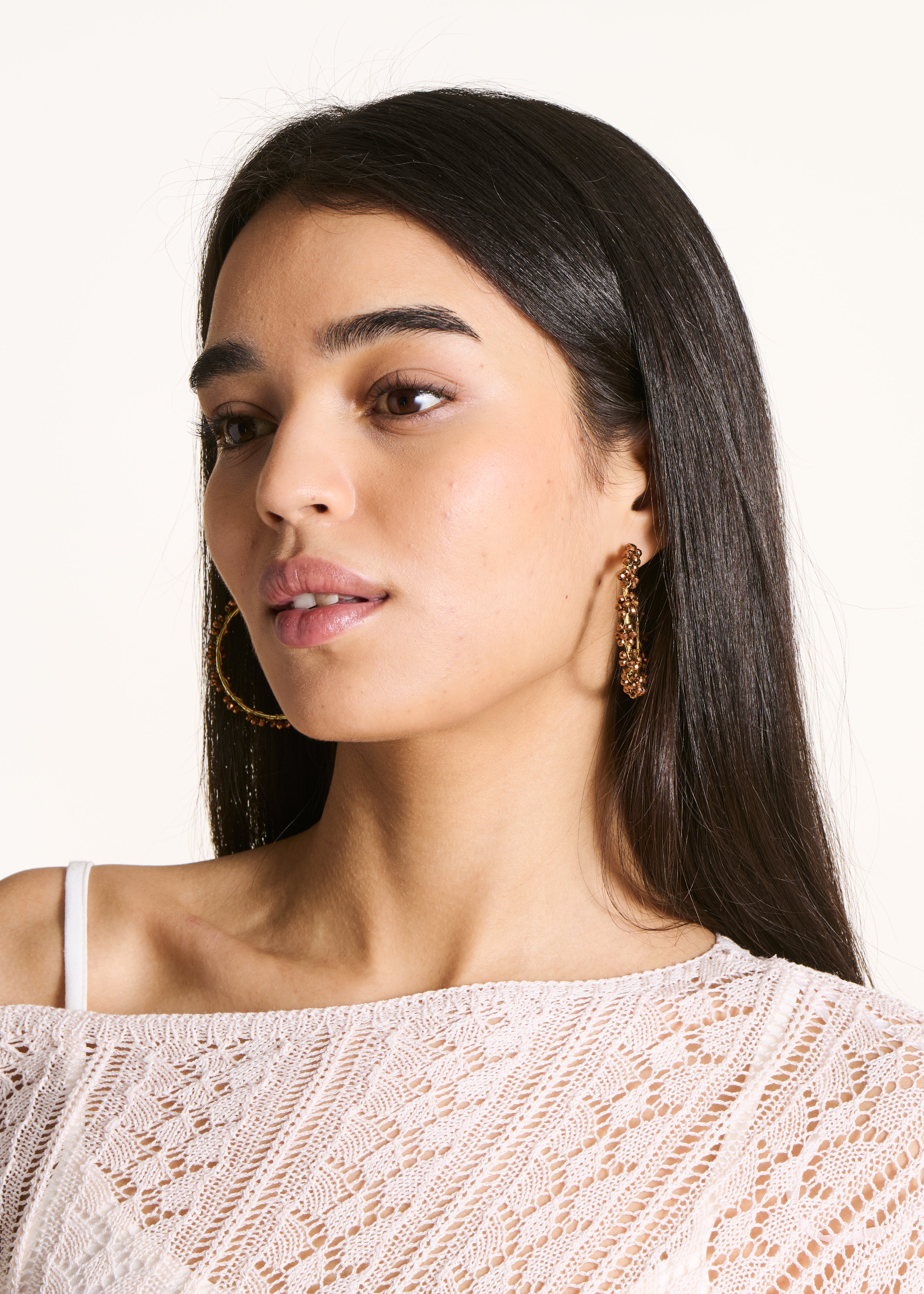 Brown pearl flower hoop earrings