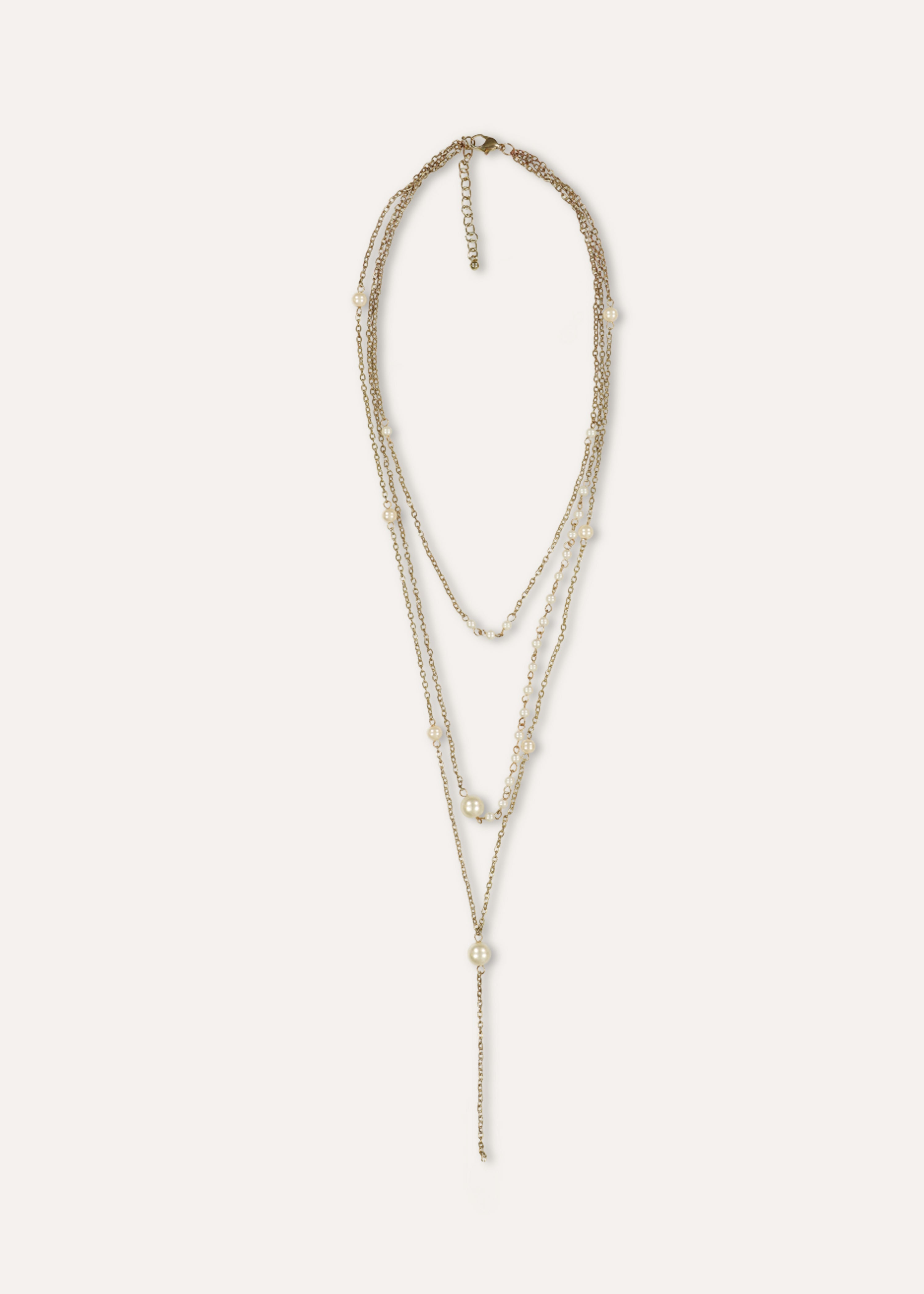 Gold multi-strand long necklace with mother-of-pearl beads