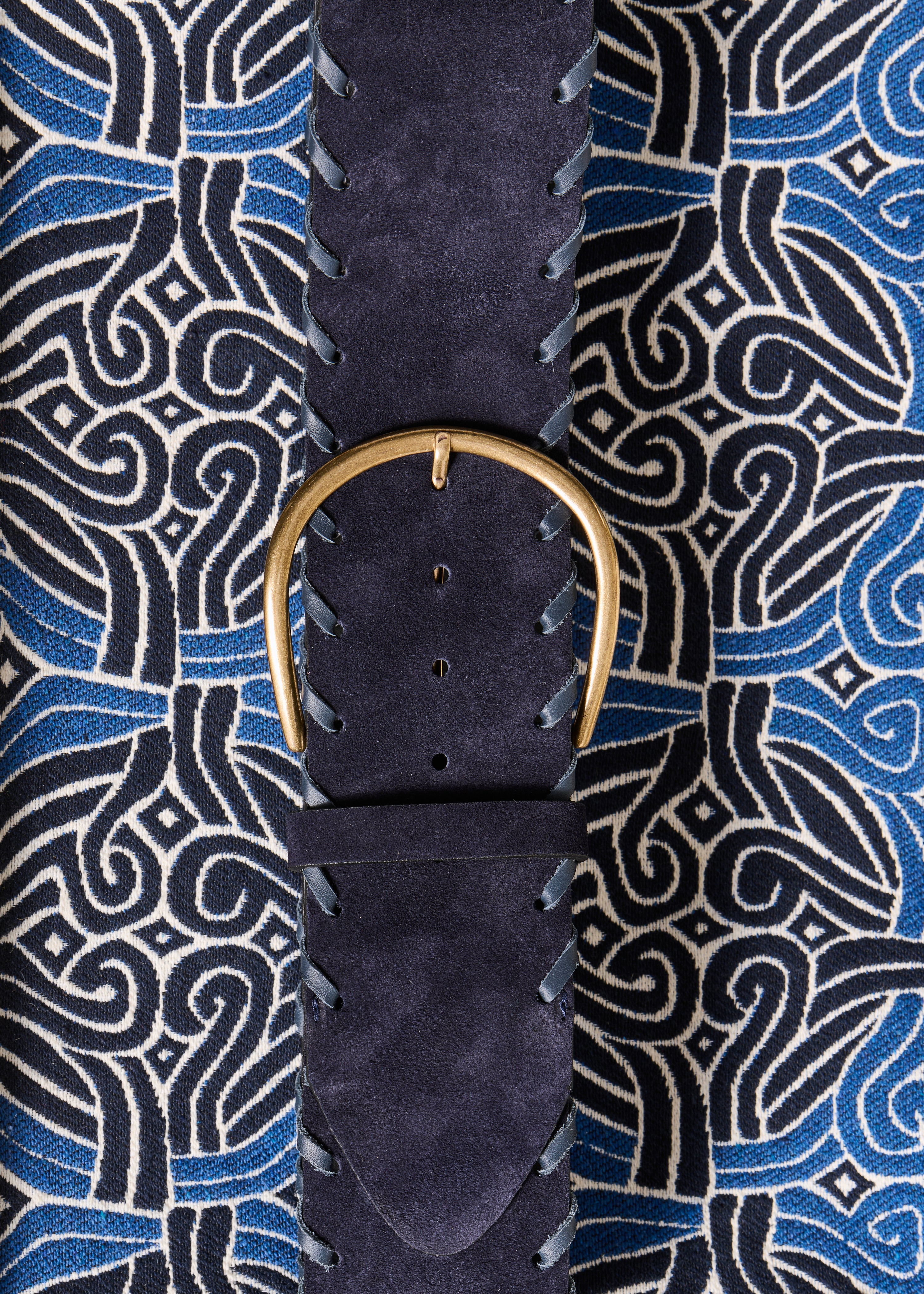 Wide dark blue leather belt with topstitching