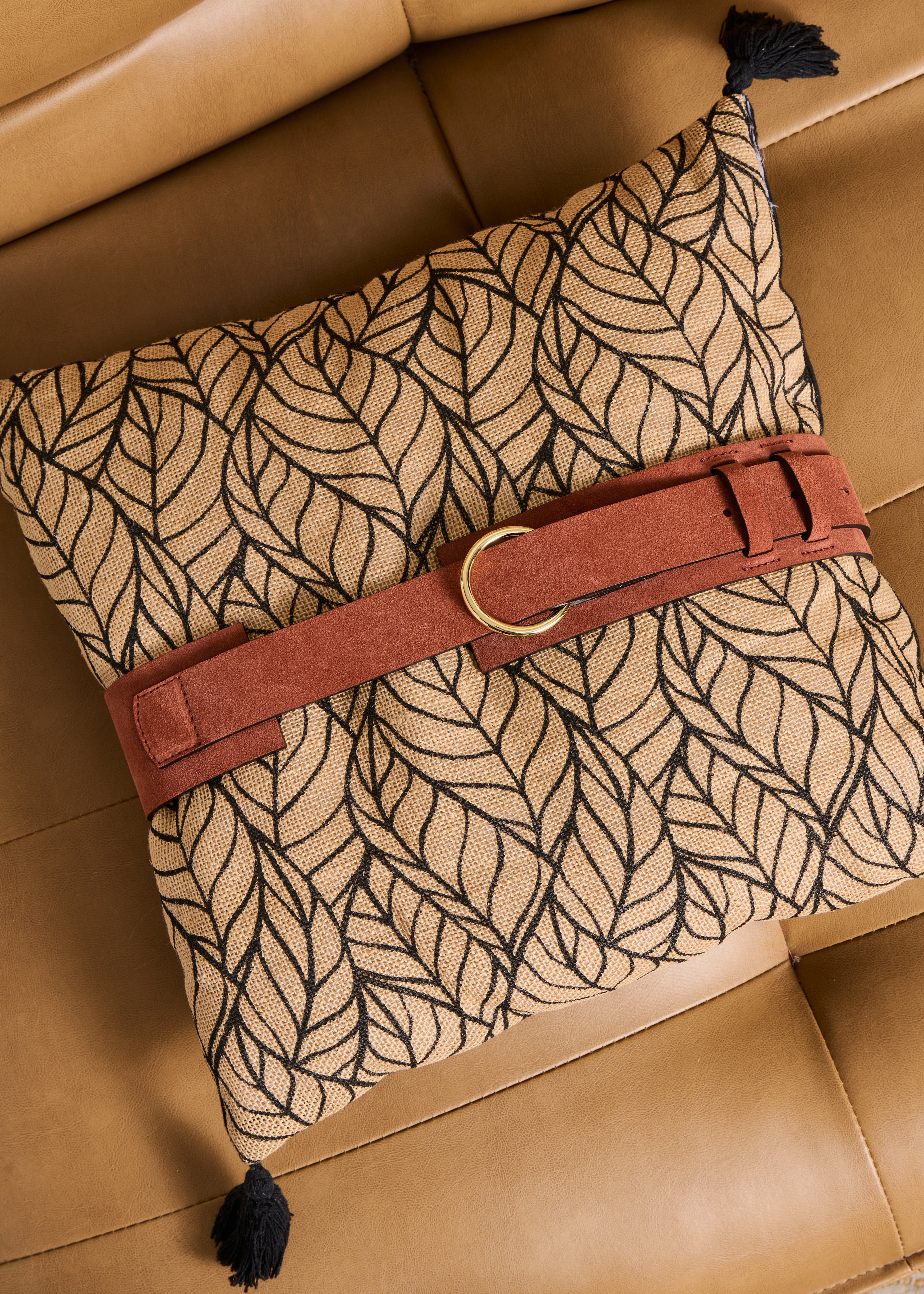 Wide brown leather belt with slim buckle