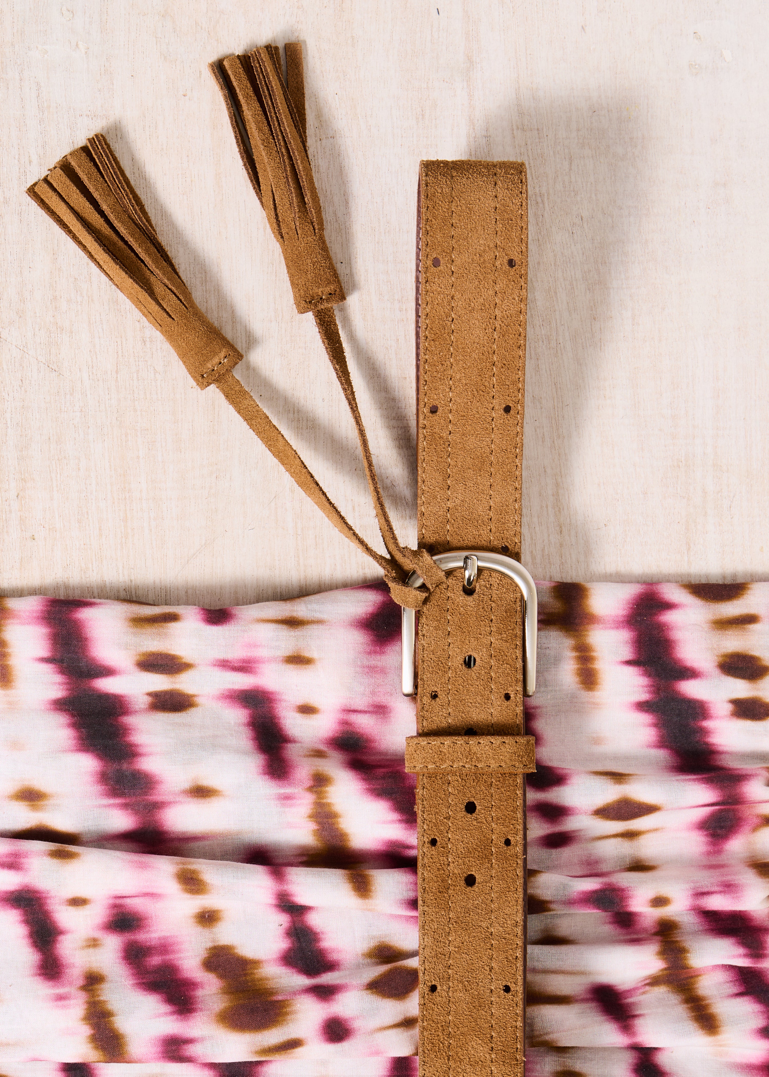 Camel leather belt with tassels