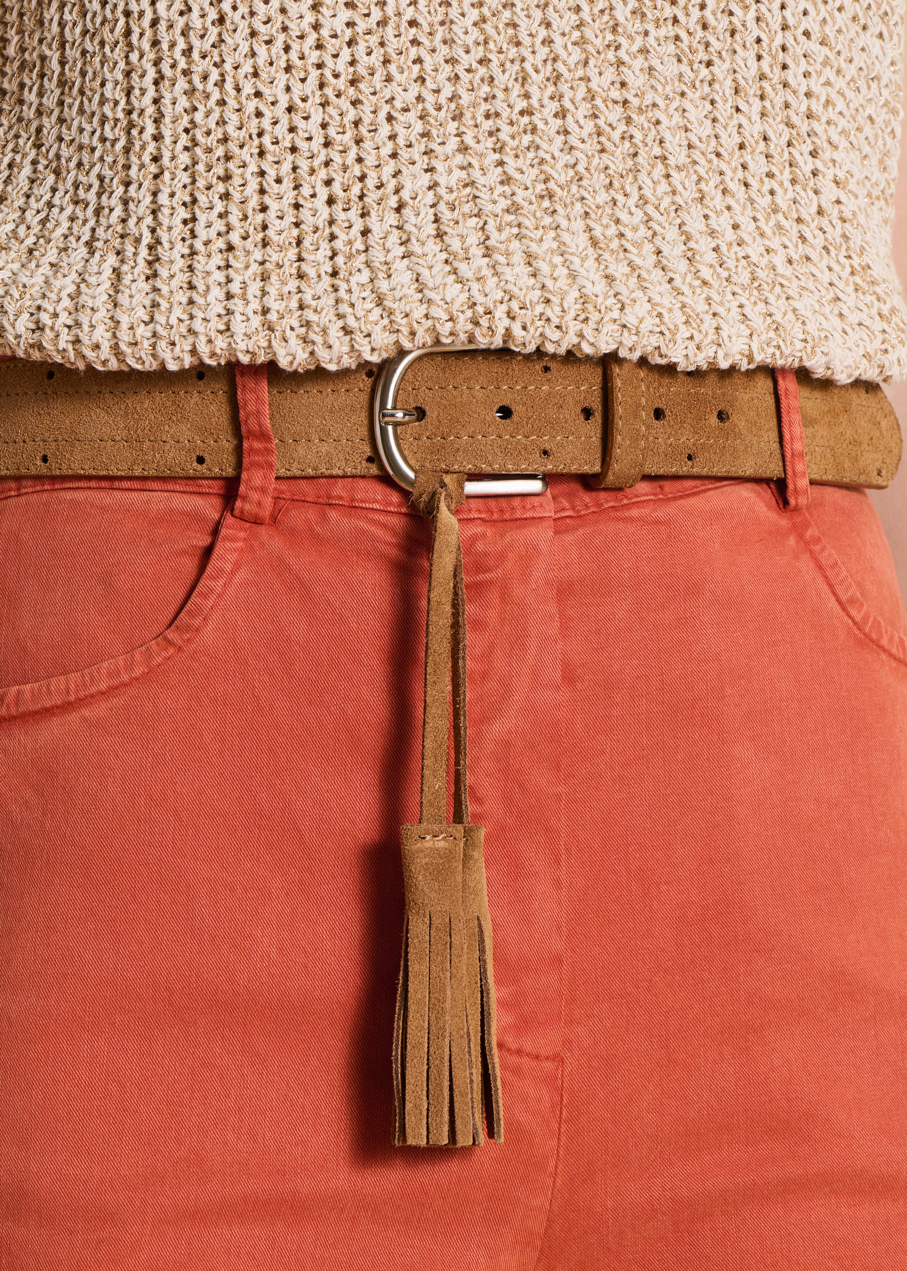 Ceinture camel en cuir avec pompons