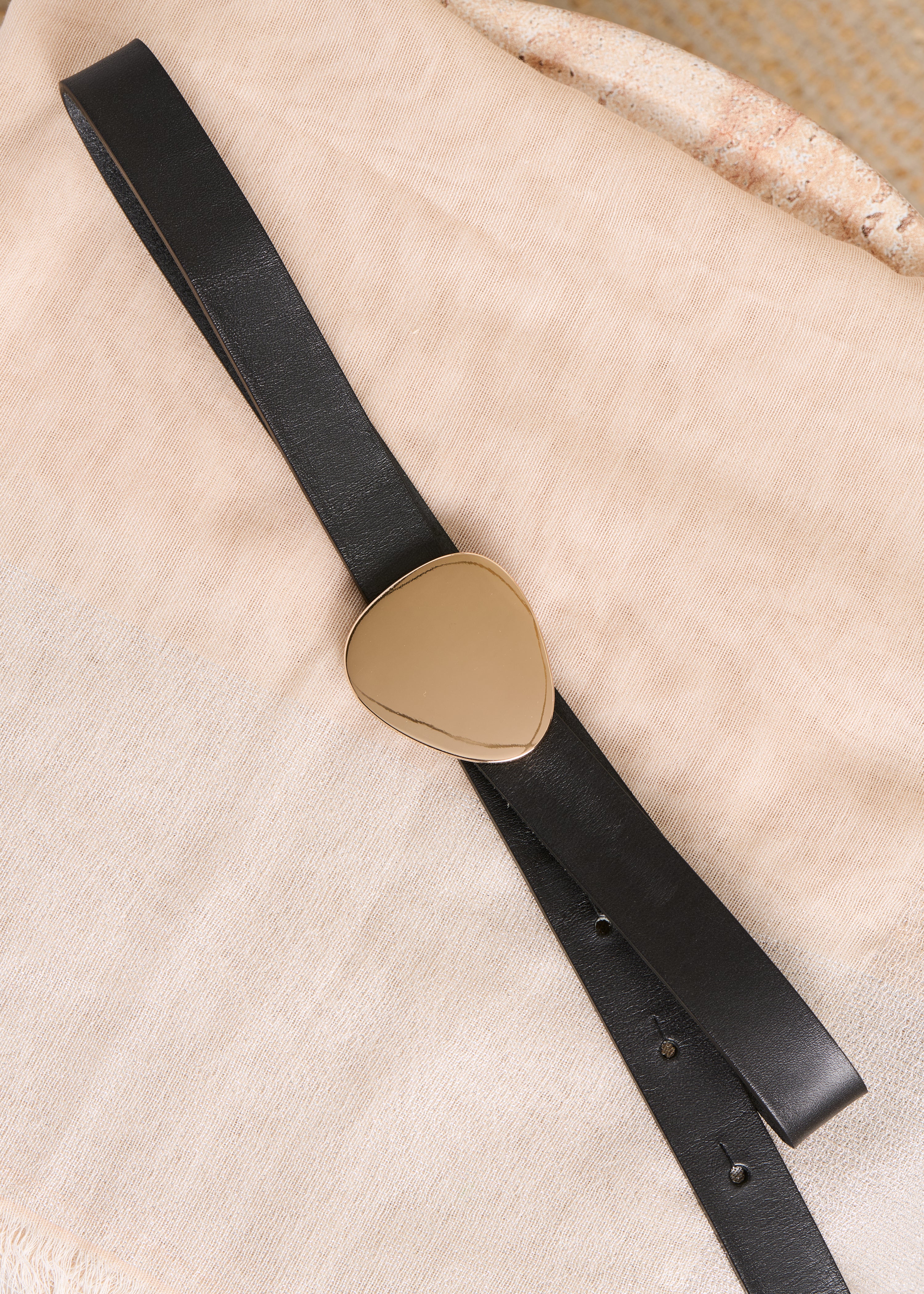 Black leather belt with triangular buckle