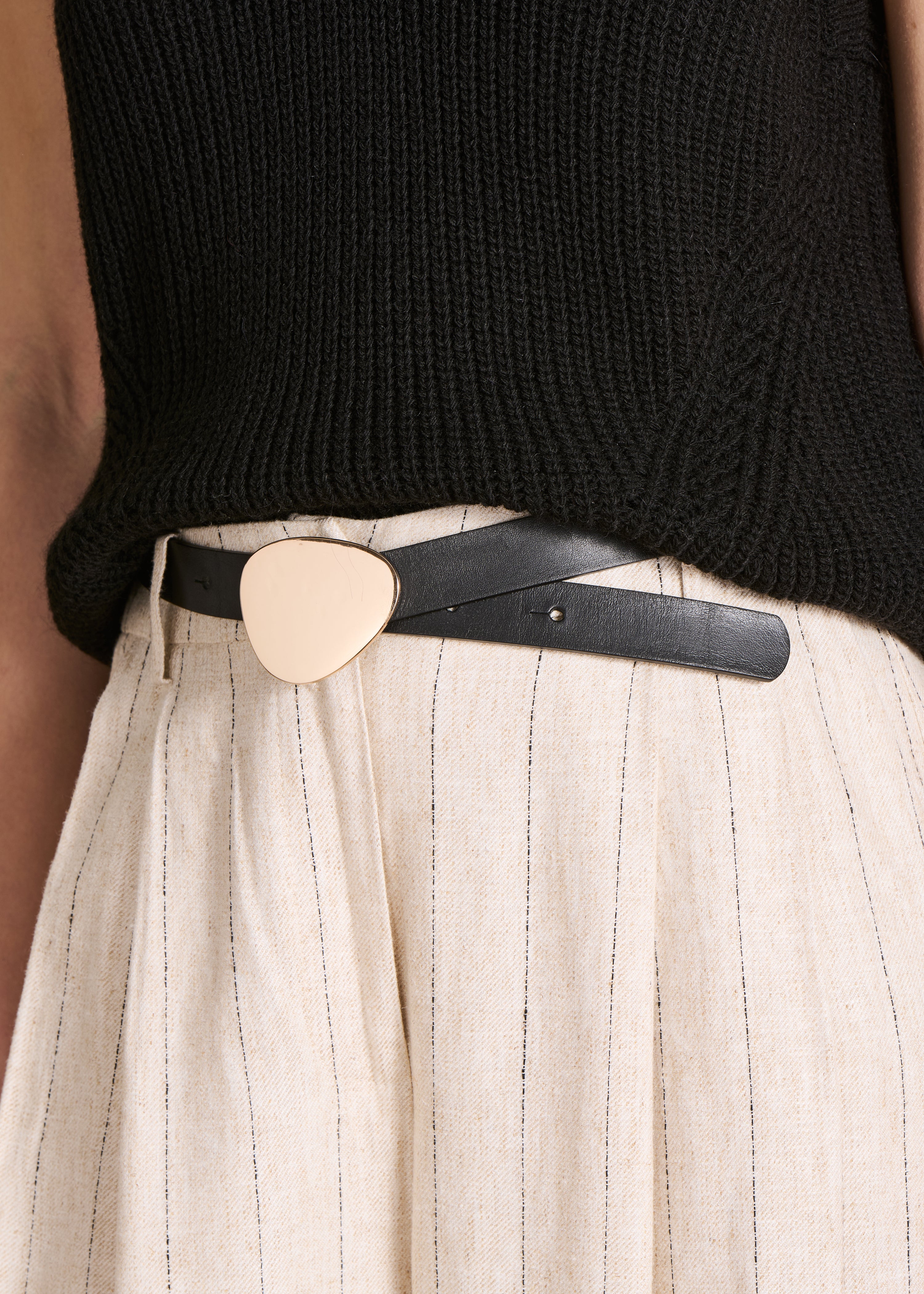 Black leather belt with triangular buckle