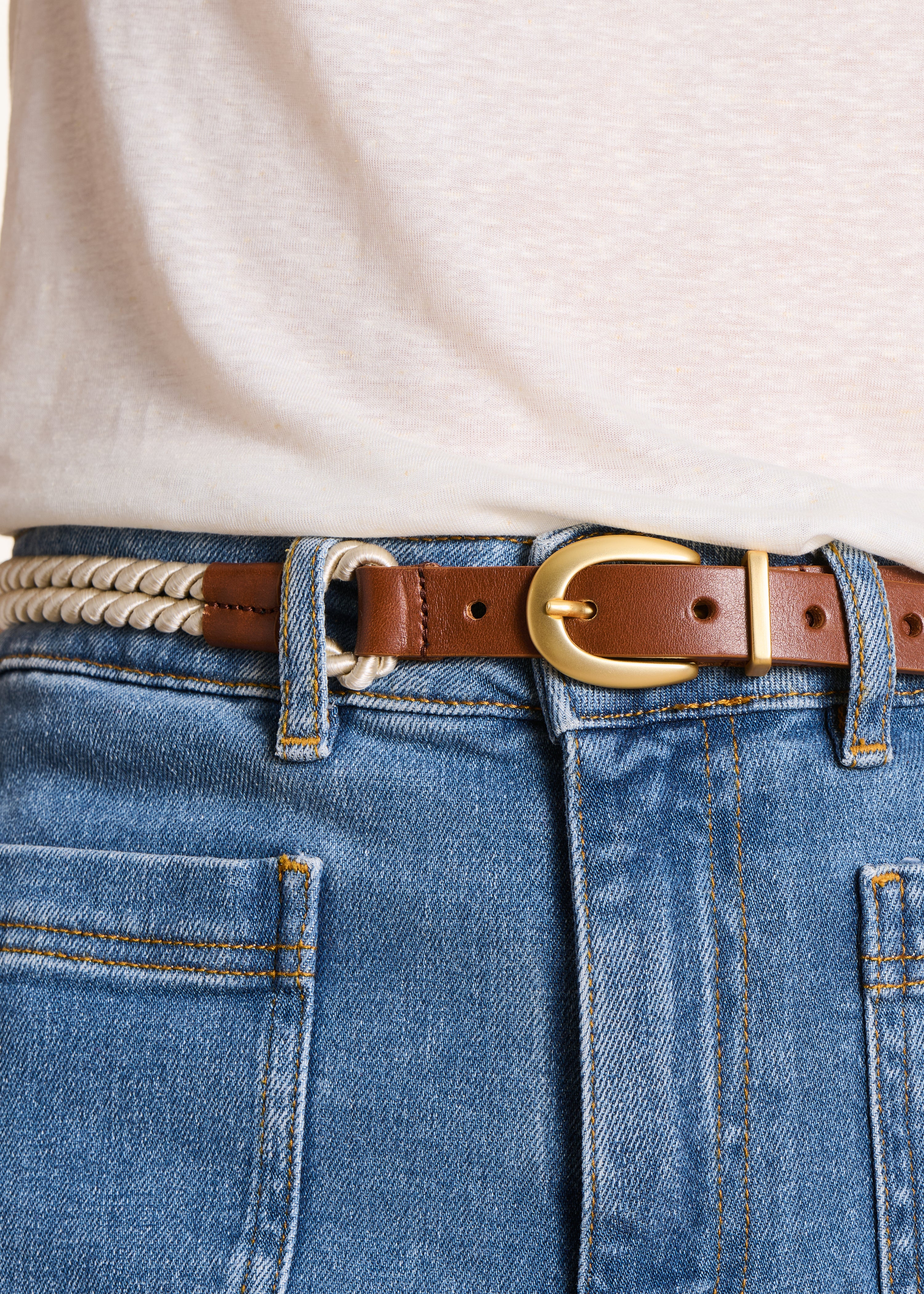 Camel leather rope belt