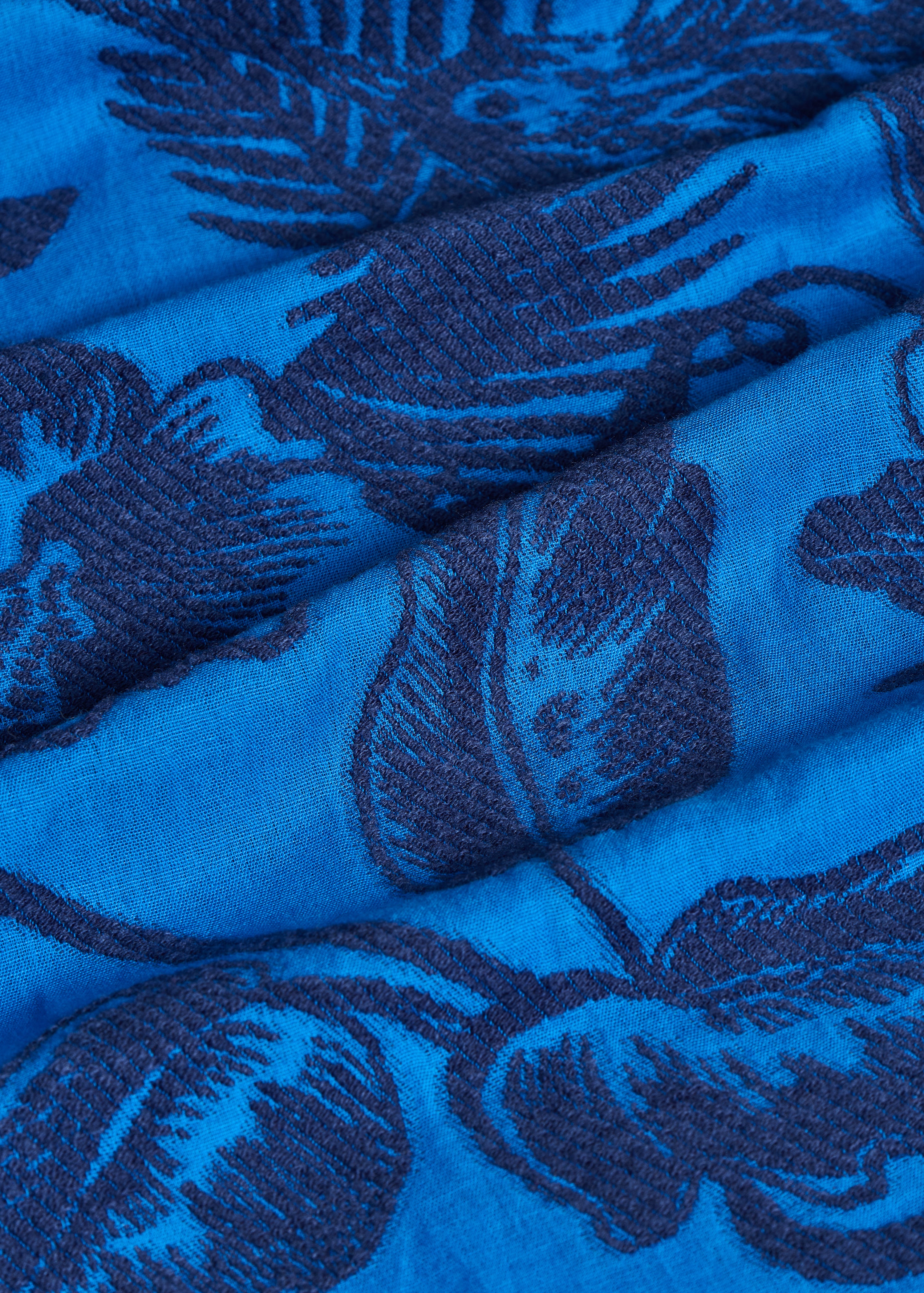 Foulard bleu motif jacquard avec bordures lurex