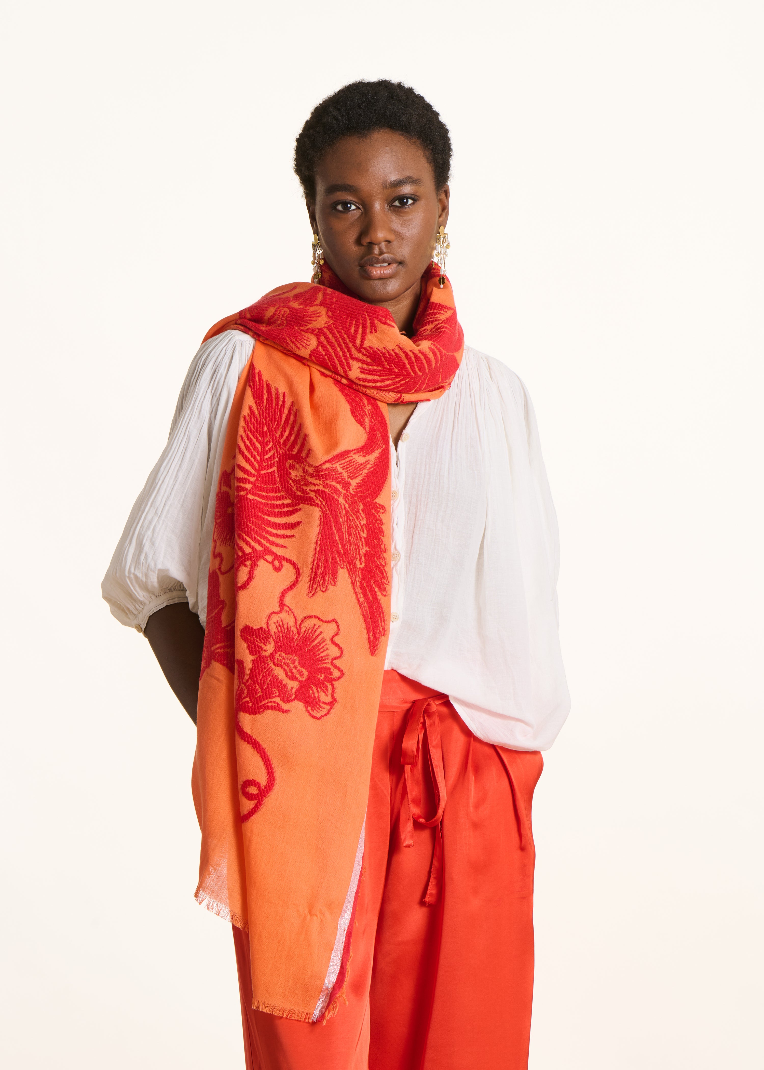 Foulard orange motif jacquard avec bordures lurex