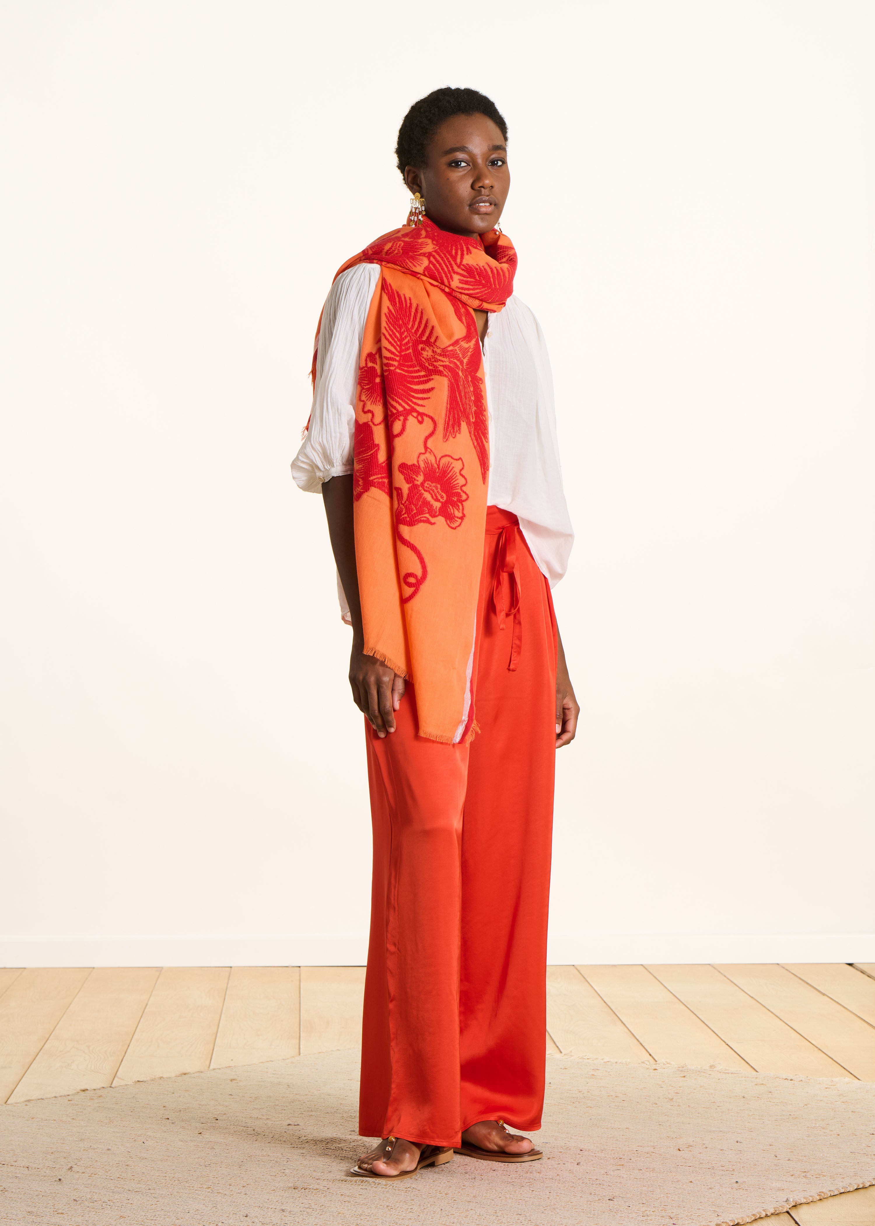 Foulard orange motif jacquard avec bordures lurex