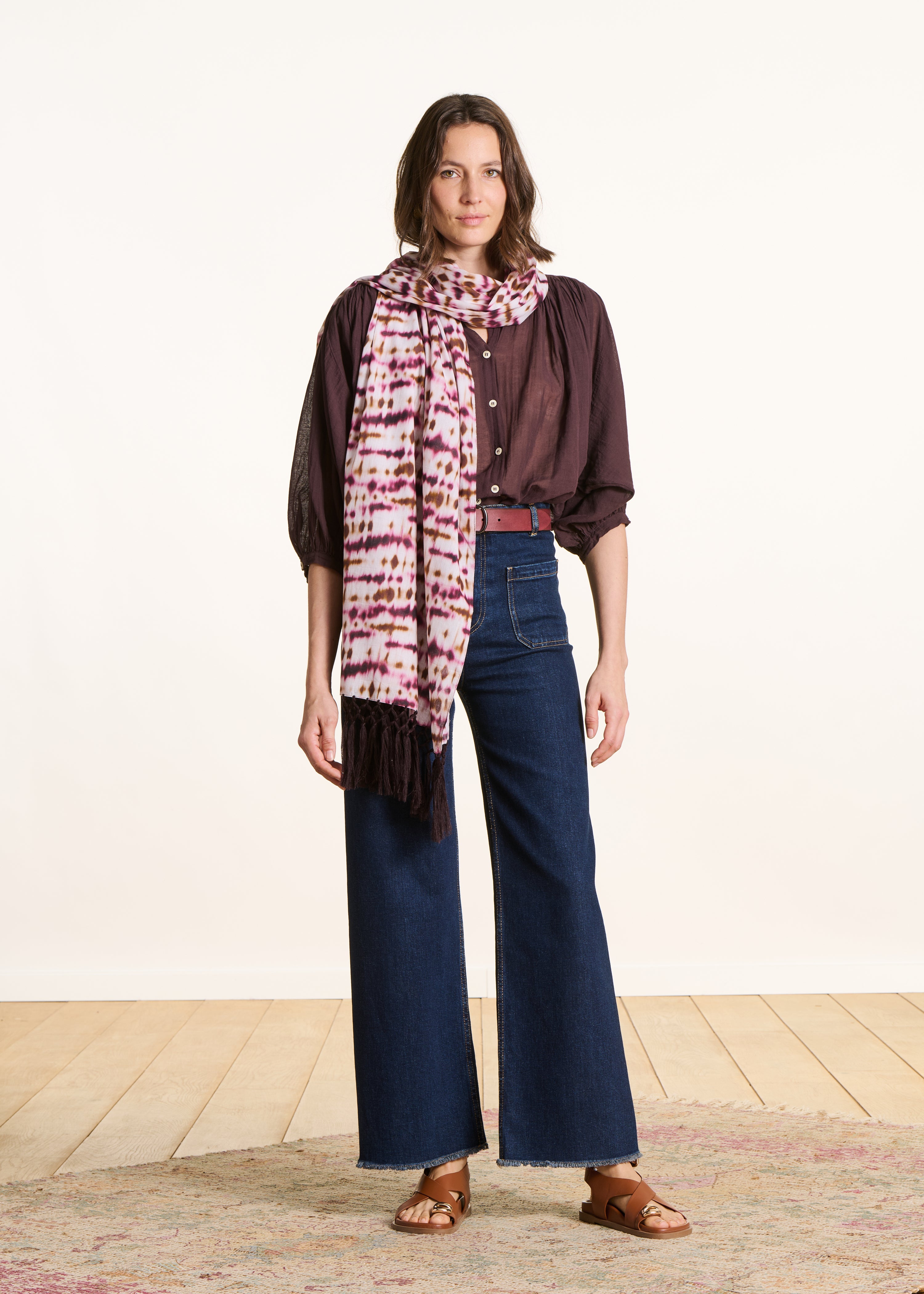 Burgundy tie-dye printed cotton scarf